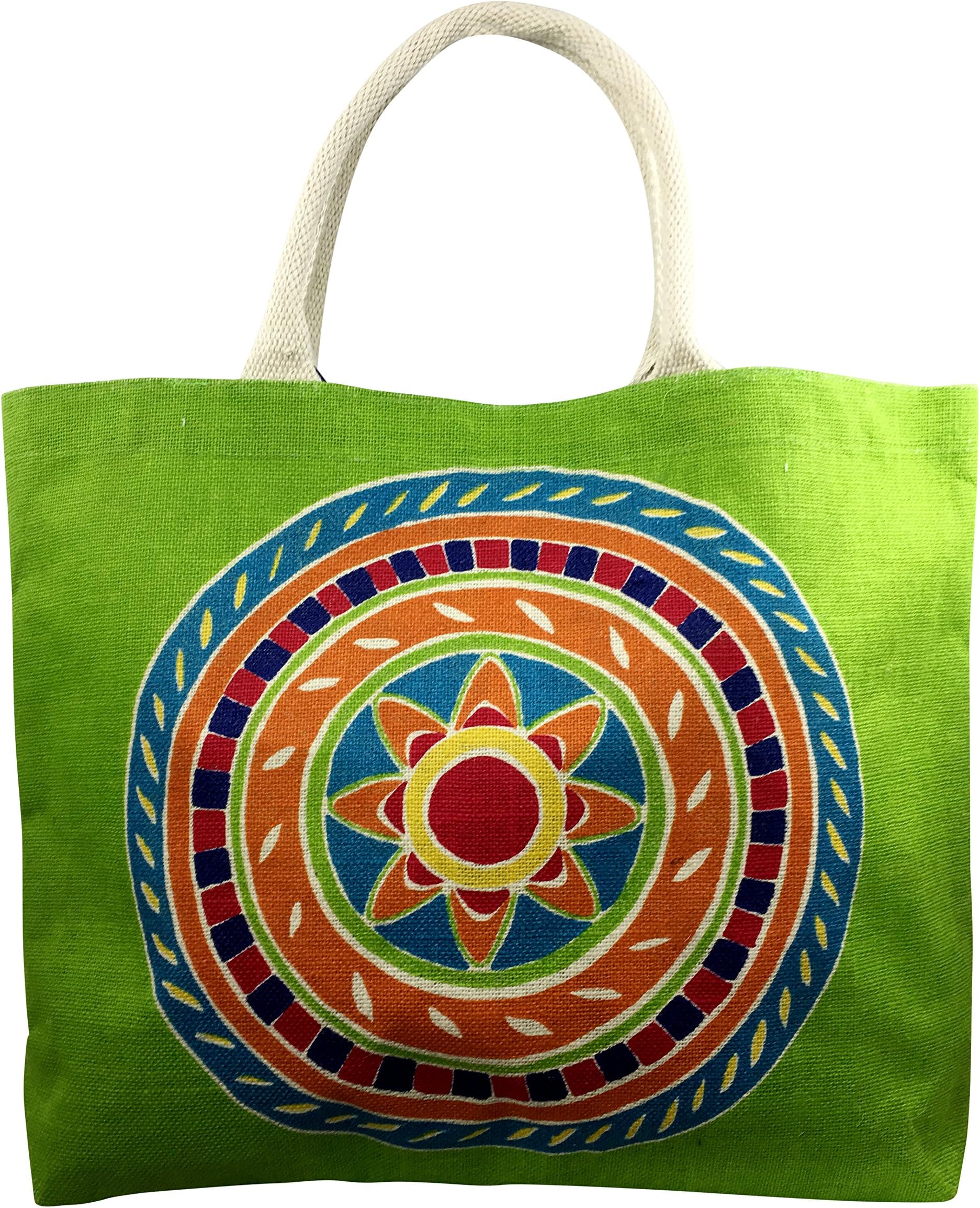 Summer Solstice Large Jute Medallion Tote Bag, Lime Green