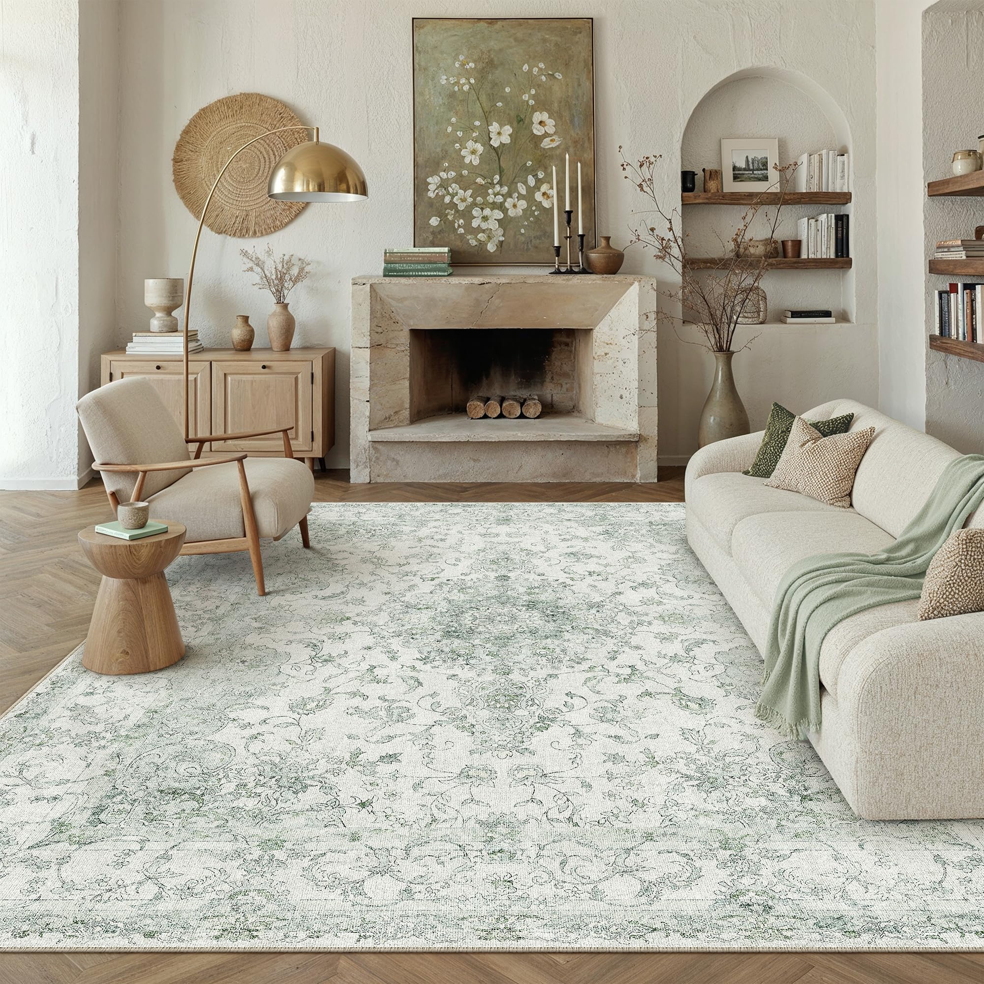 HUGEAR Area Rug 8x10 Vintage Green Machine Washable Living Room Rugs Thin Neutral Floral Vacuumable Low Pile Carpet Bedroom Office Dining Room Laundry Room Non Slip Soft Lightweight
