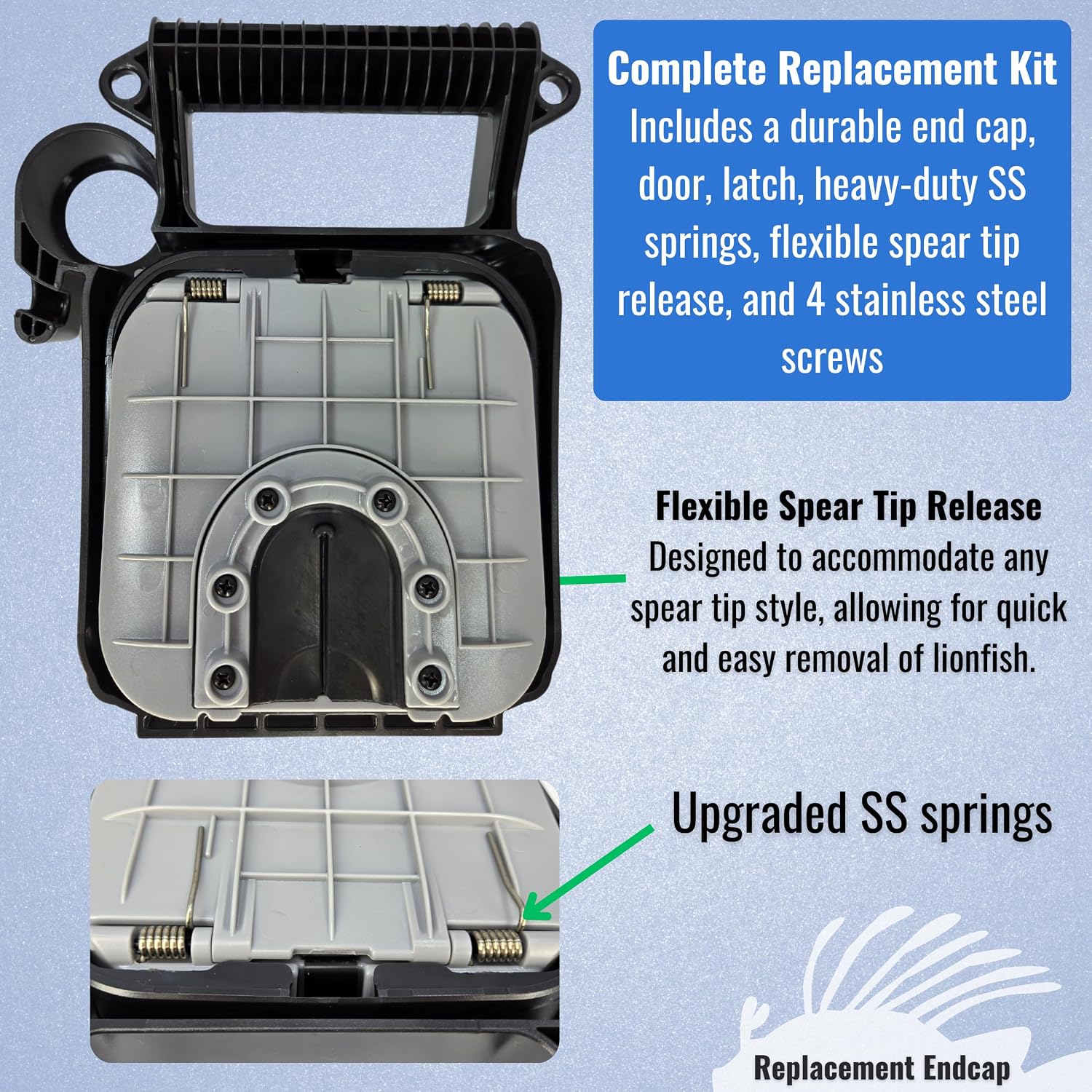 Replacement Lionfish Locker Handle End Cap Assembly Includes Door, Springs, Latch (Charcoal)