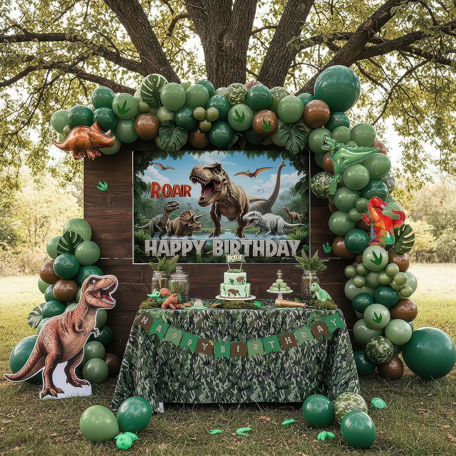 Dinosaur Birthday Party Decorations - Includes Green and brown balloon arch & Small dino Foil balloons & Banner Backdrop Footprint Sticker & for kids Jungle Dinosaurs T-REX ROAR themed party Supplies