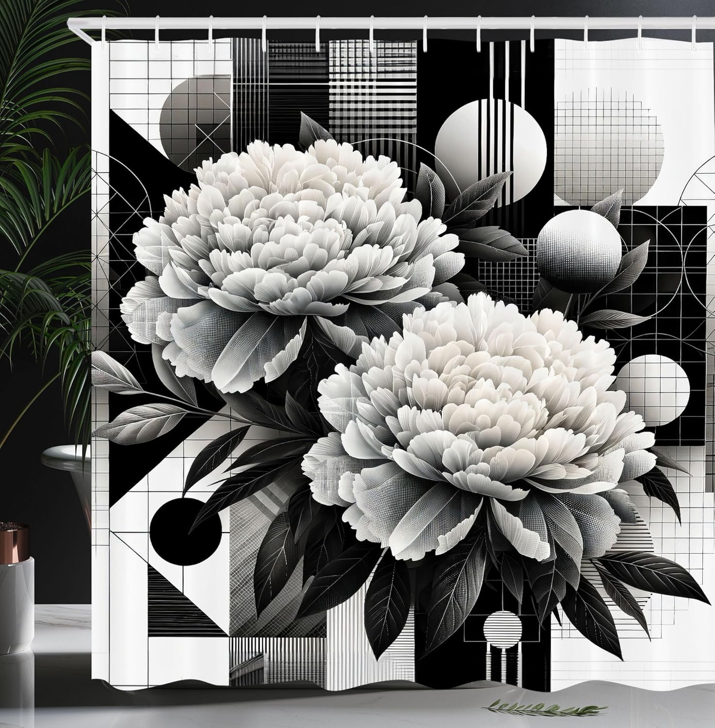Ambesonne Black and White Shower Curtain, Peony Blossoms on Mid Century Modern Geometric Motifs Print, Cloth Fabric Bathroom Decor Set with Hooks, 69" W x 84" L, Charcoal Grey and Dimgray