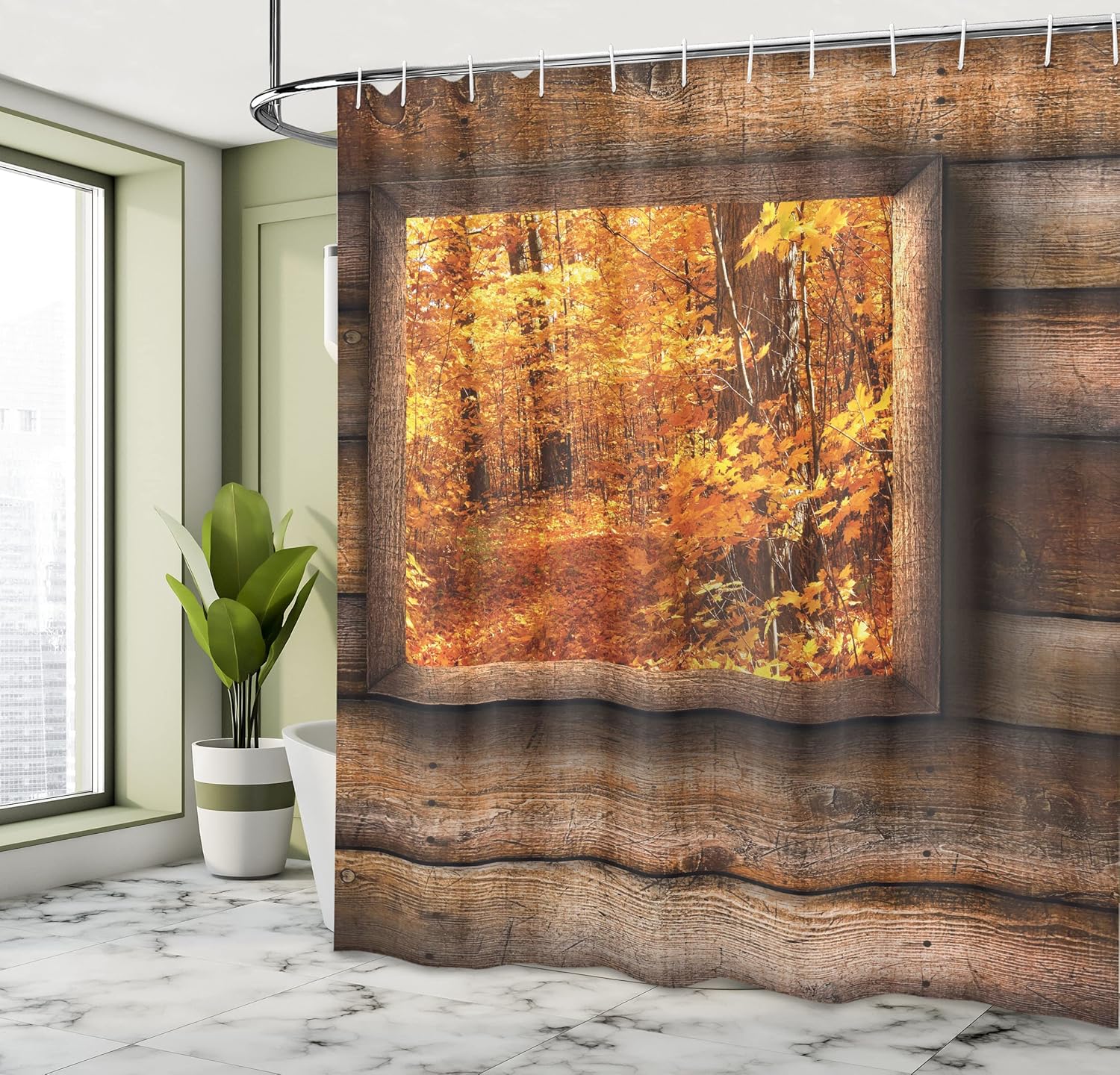 Ambesonne Fall Shower Curtain, Fall Foliage View from Square Shaped Wooden Window Inside Cottage Rustic Life Photo, Cloth Fabric Bathroom Decor Set with Hooks, 69" W x 70" L, Orange Brown