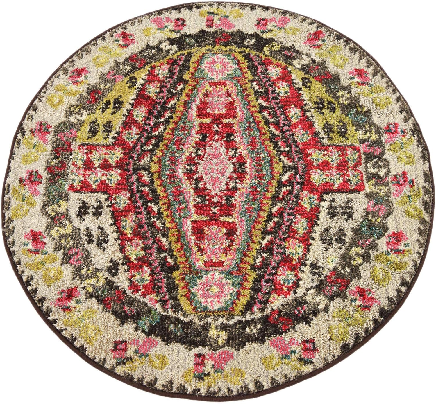 Unique Loom Sedona Collection Southwestern, Geometric, Border, Over-Dyed, Modern, Tribal, Abstract Area Rug (3' 3 x 3' 3 Round, Multi/Beige)