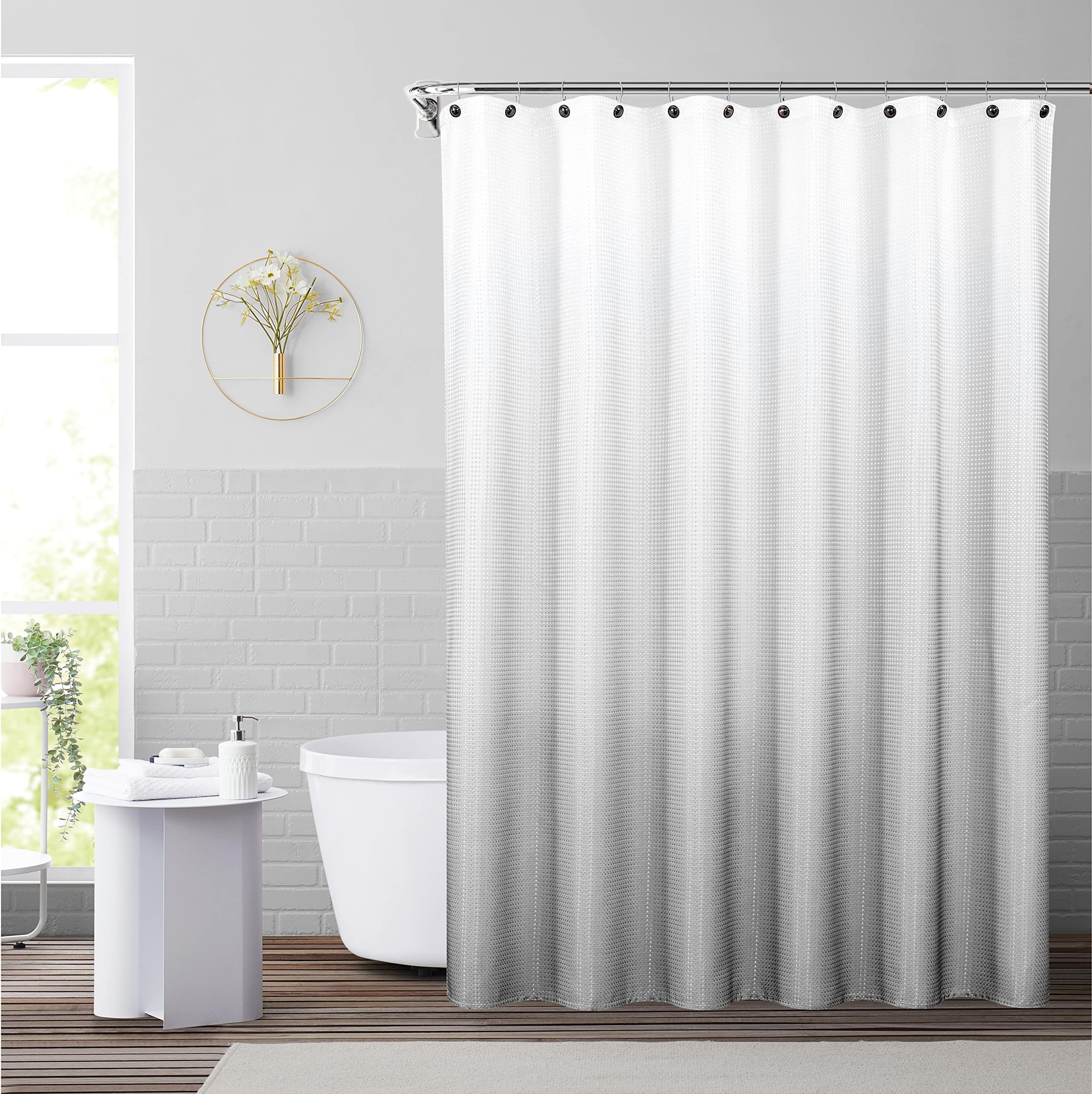 Waffle Weave Grey Shower Curtain Ombre Water Resistant Hotel Spa Bathroom Decorative Shower Curtain with Grommet No Hook Machine Washable,Gradient White to Grey 70" Wx72 L