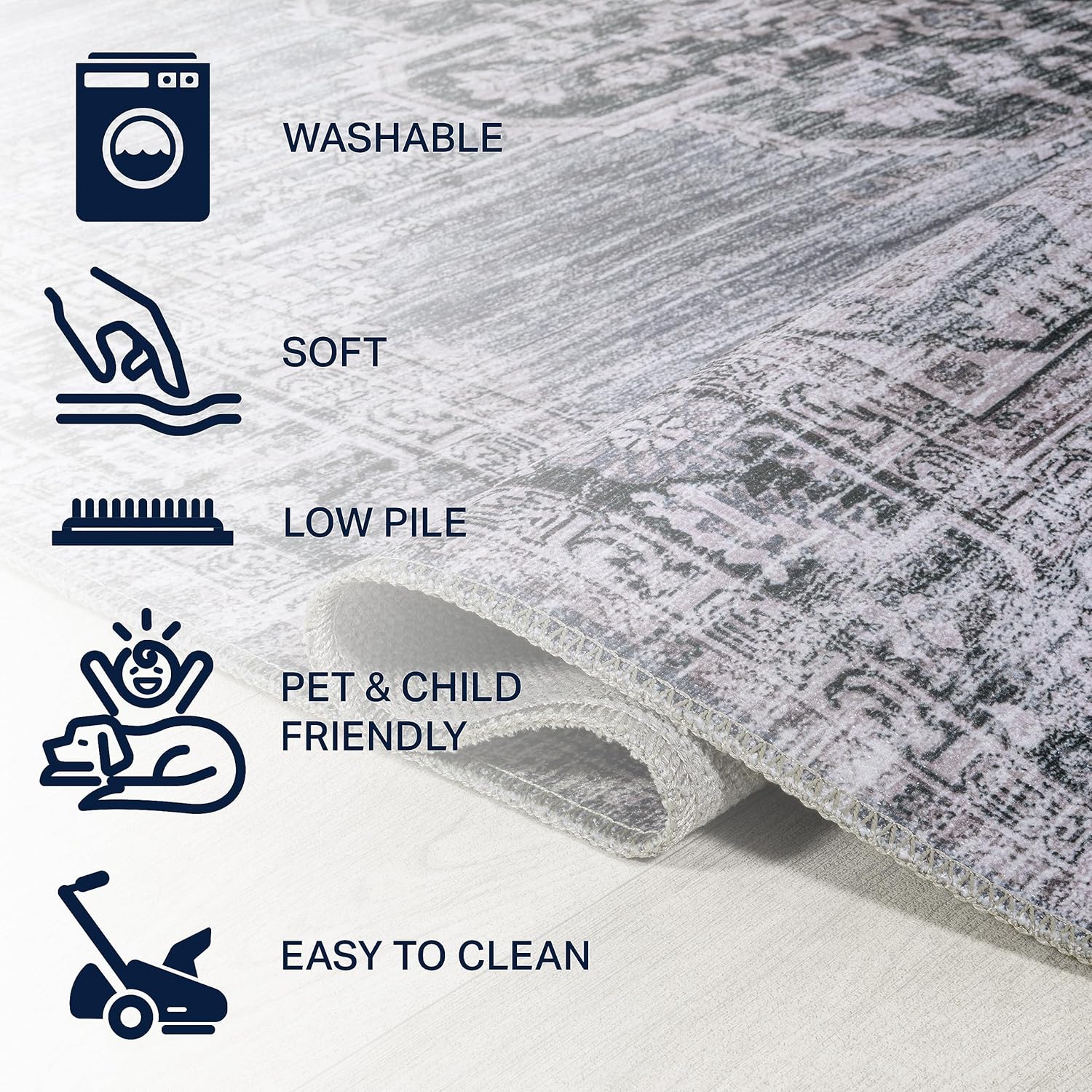 JONATHAN Y Machine Washable Indoor Area Rug 3X5 Navy/Gray/Black, Chenille Cottage Medallion for Living Room, Bedroom, Kitchen, Office, Easy-Cleaning, Pet-Friendly, Non-Shedding WSH202A-3