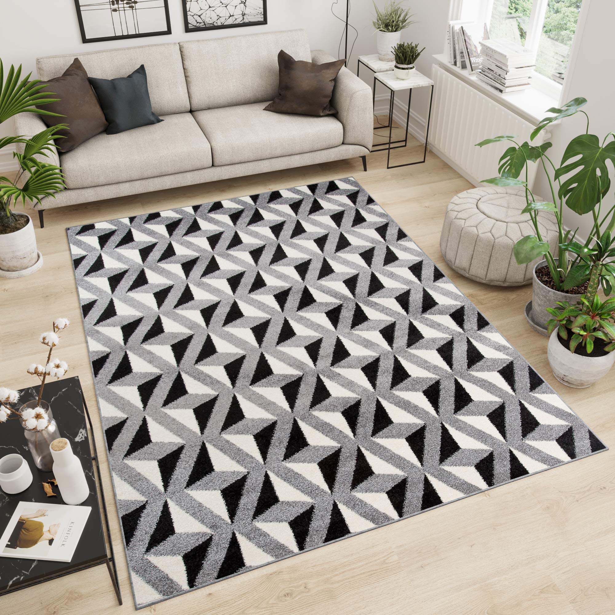 Tapiso MAROKO dywan do salonu, krótkie runo, nowoczesny, geometryczny, kwadratowy, w kratkę, czarno-szary, kremowy, do sypialni, kuchni, Ökotex 140 x 190 cm