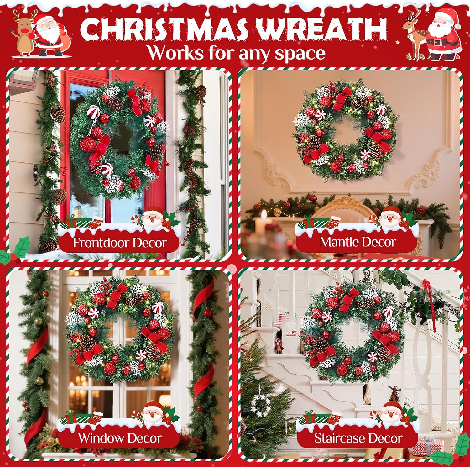 Christmas Wreaths for Front Door - 18'' Christmas Wreath with Lights Bow Berries Cones Pine Needles, Christmas Door Wreath for Home Door Wall Party Christmas Decorations