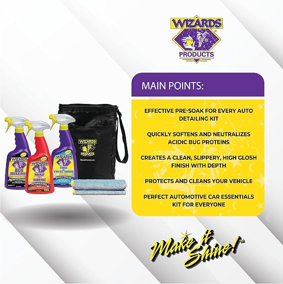 Wizards 5 Piece Car Detailing Kit - Beginner Friendly Professional Car Detailing Kit - Car Accessories for Men -  with a Microfiber Towel, Storage Bag and 22 oz Spray Bottles