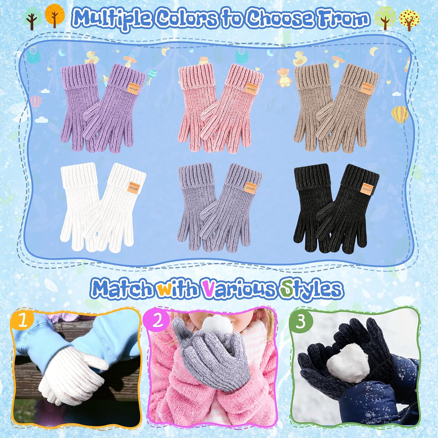 HAITHO Kids Gloves Winter for Girls Boys Cold Weather, Toddler Chenille Cute Knit Gloves Warm with Thick Thermal Fleece Lined