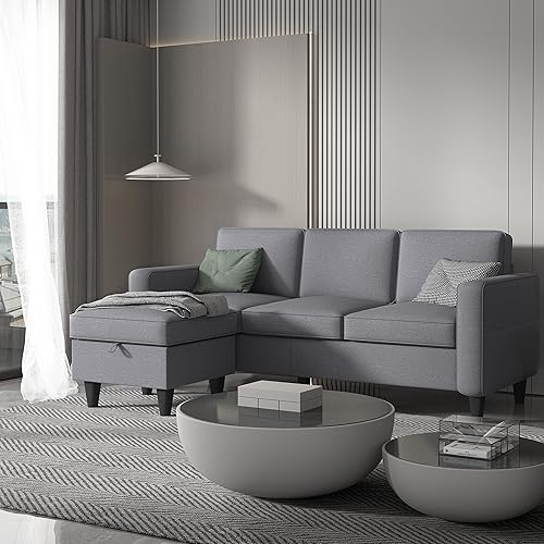 Sofá seccional convertible gris claro, sofá en forma de L de 3 asientos con otomana de almacenamiento reversible y bolsillos, moderno sofá tapizado