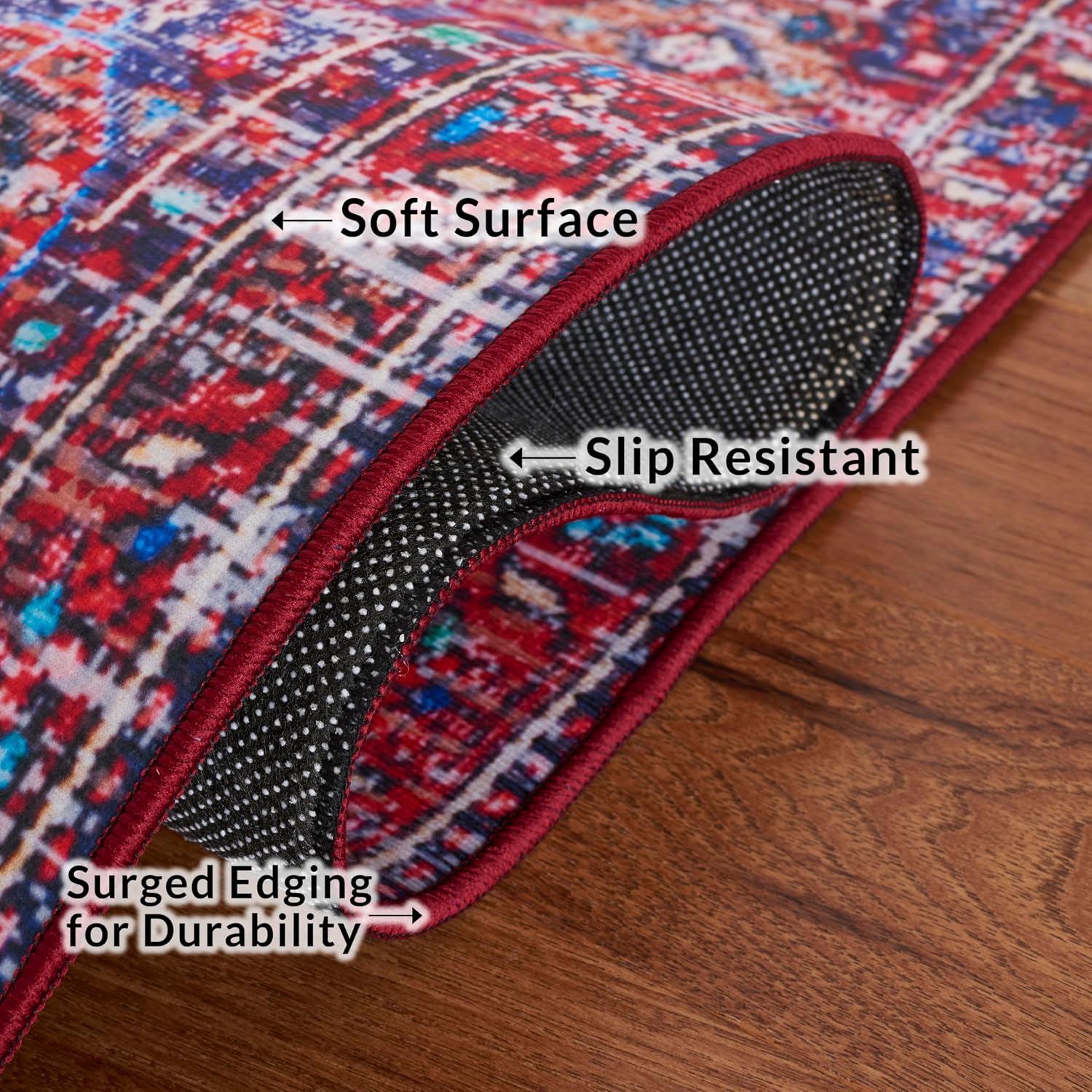 SAFAVIEH Washable Rug Tucson Collection - 6' Square, Red & Blue, Slip Resistant & Easy to Clean, Ideal for Living Room, Bedroom, Dining Space (TSN198Q)