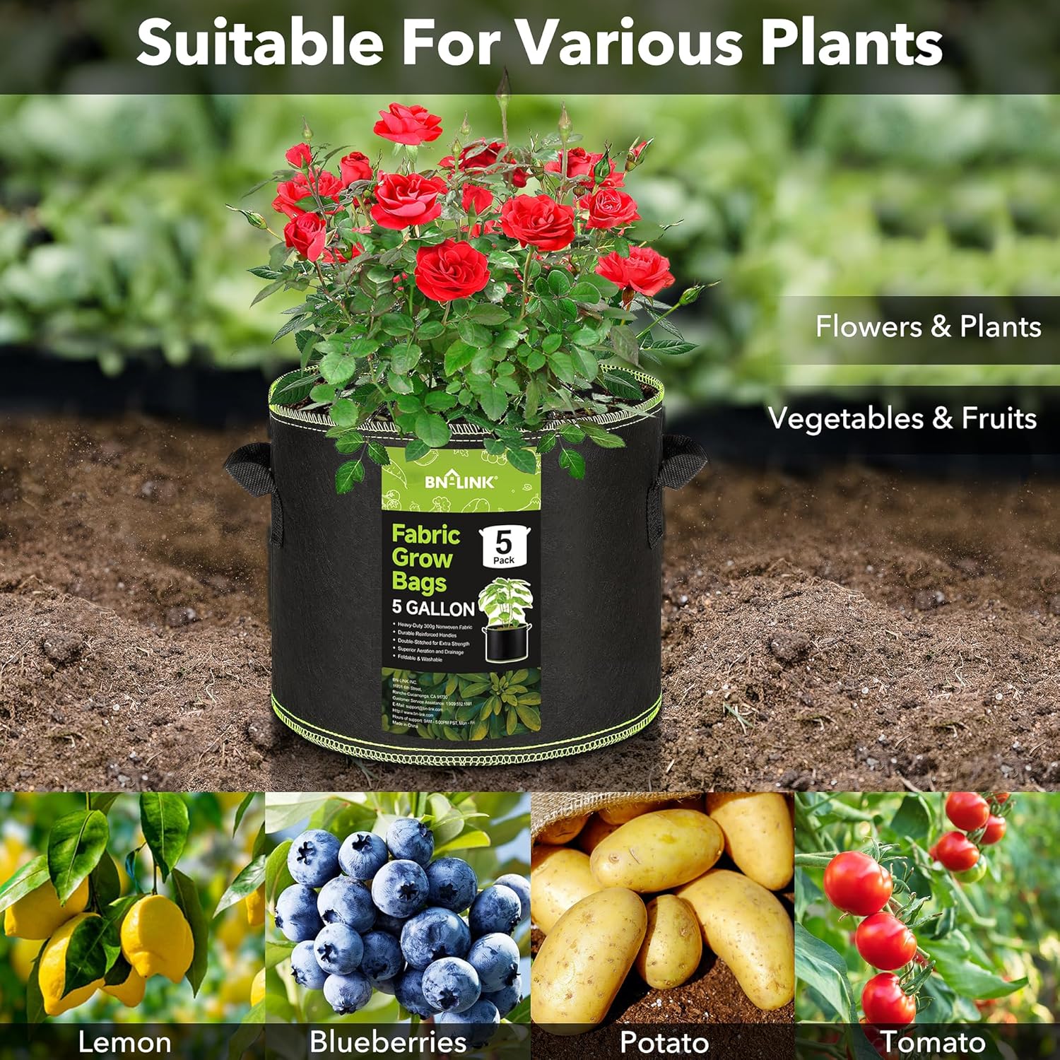 BN-LINK 5-Pack 5 Gallon Grow Bags Heavy Duty 300G Seedling Heat Mat Warm Hydroponic Heating Pad Waterproof 10" x 20.75"