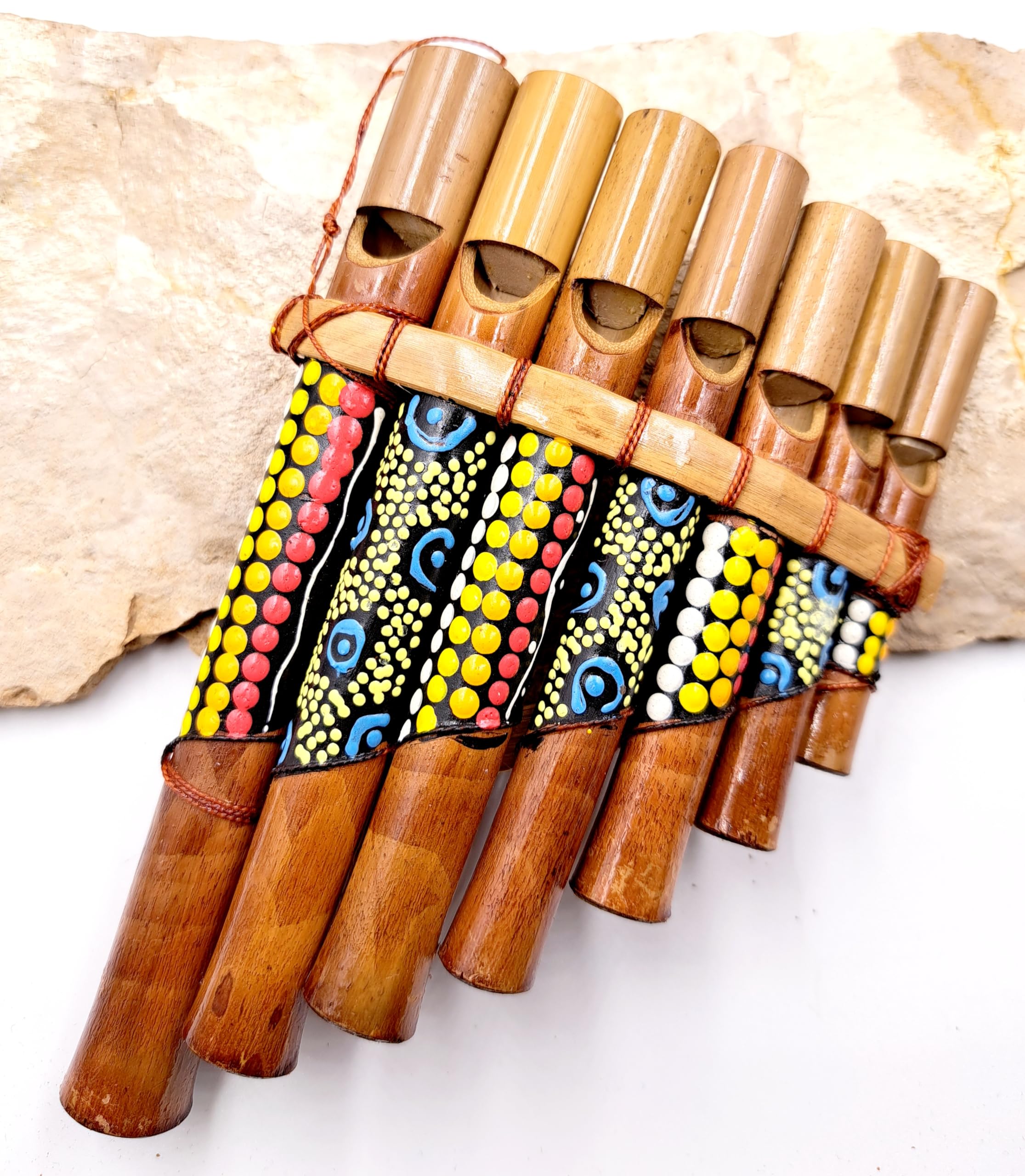 Flûte de pan en bambou, Péruvienne Artisanale 7 notes décorée