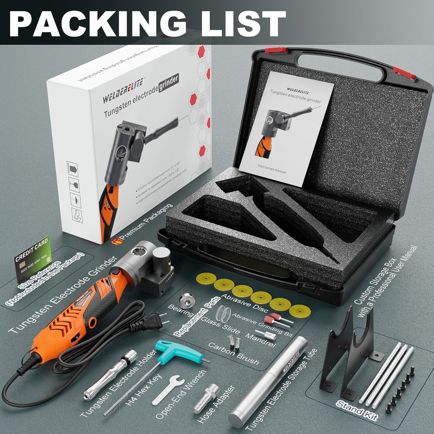 Tungsten Electrode Sharpener Grinder, 10°–60° Stepless Angle Adjustment, Fits 0.040 in – 1/8 in Diameter TIG Electrodes (Black)