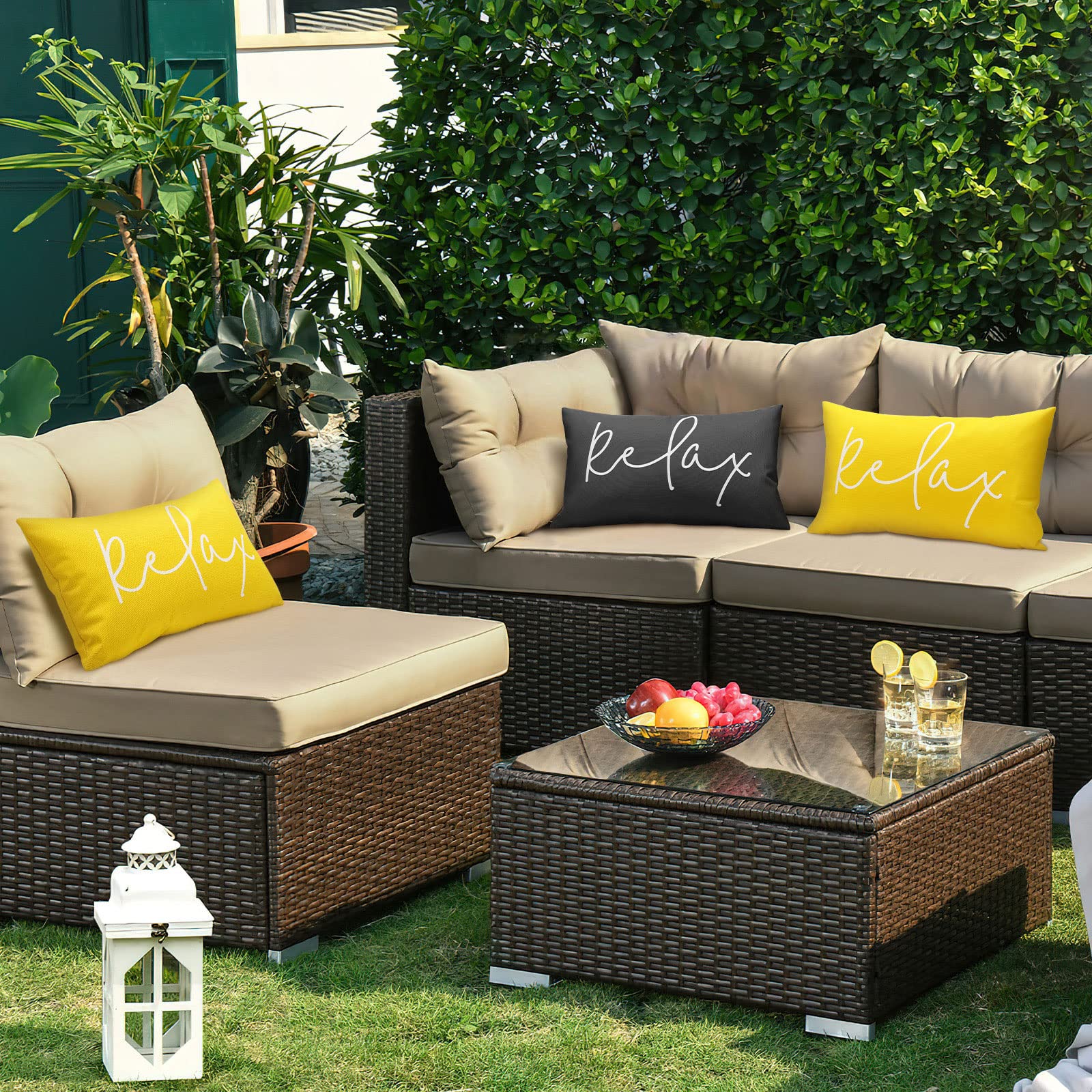 Lewondr Housses de Coussin d'Extérieur Imperméables, 2 PCS 30x50cm Taies à Motif Relax, Housses de Coussin Décoratives Jardin d'Été pour Canapé de Terrasse Balcon Véranda, Jaune
