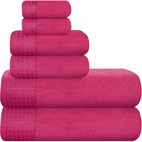 GLAMBURG 100% Cotton Ultra Soft 6 Pack Towel Set, Contains 2 Bath Towels 28x55 Inches, 2 Hand Towels 16x24 Inches & 2 Wash Coths 12x12 Inches, Compact Absorbent Lightweight & Quickdry - Hot Pink