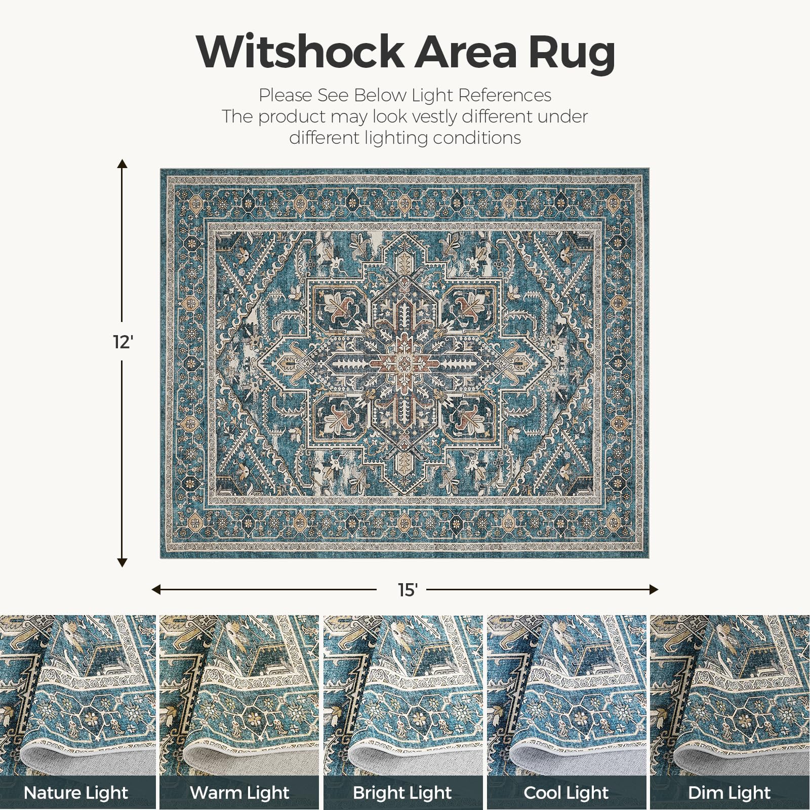 Condition photo showing Good Condition for WITSHOCK 12x15 Dull Teal Living Room Area Rugs: Washable Distressed Vintage Boho, Low Pile Non-Slip Stain Resistant Foldable Carpet for Bedroom Playroom Dining Room Office, Large Farmhouse Home Decor