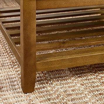 Stylish and Functional Upholstered Coffee Table Ottoman - Large Square Design with Beech Wood Shelf, Tufted Linen Fabric and Stability (Navy Blue)