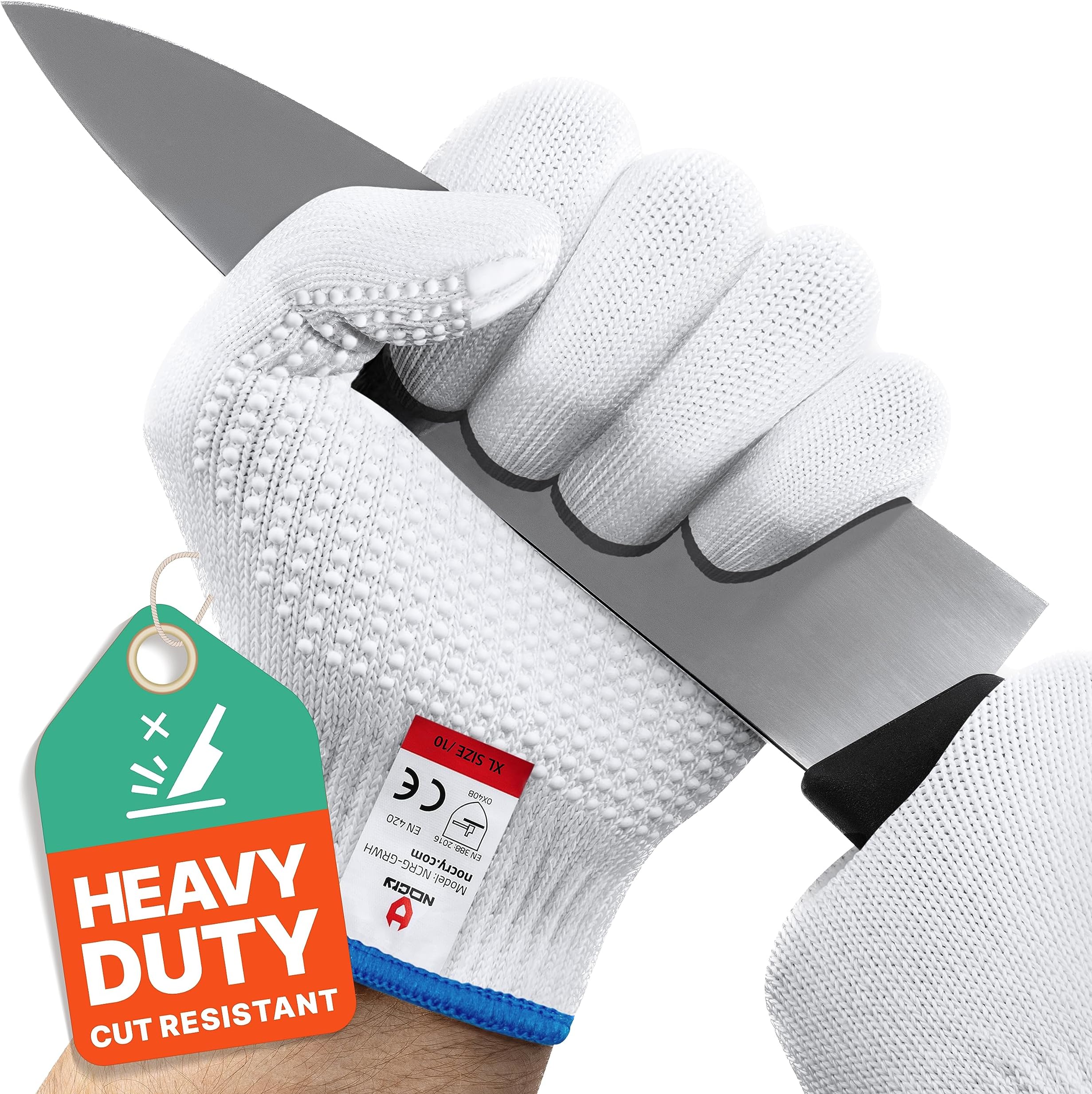 NoCry Cut Resistant Protective Work Gloves with Rubber Grip Dots. Tough and Durable Stainless Steel Material, EN388 Certified. 1 Pair. White, Size Medium