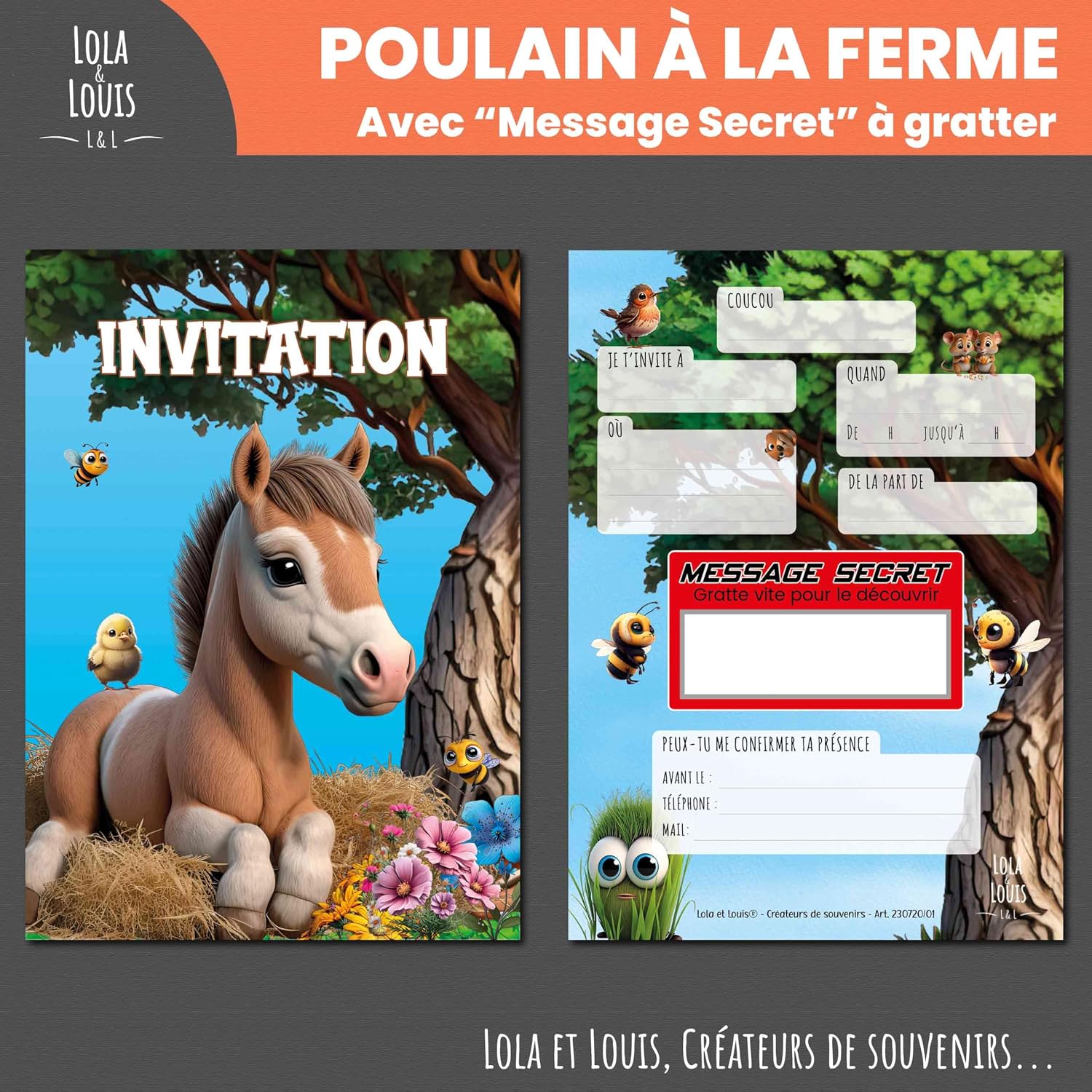 Complete Invitation Kit for 10 Guests Girls or Boys: Envelopes, Secret Message, Scrape, Horse Foal Birthday Party Invites Invitation Cards, Decorative Stickers, Following Invitations • Lola and Louis®