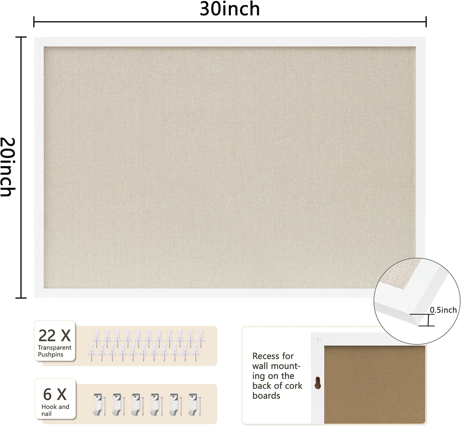 Cork Board with Linen White 2Pack,Bulletin Board 30"x20" Hanging Corkboards for Office Home School Message Board or Vision Board Decoration. White-2p 20x30