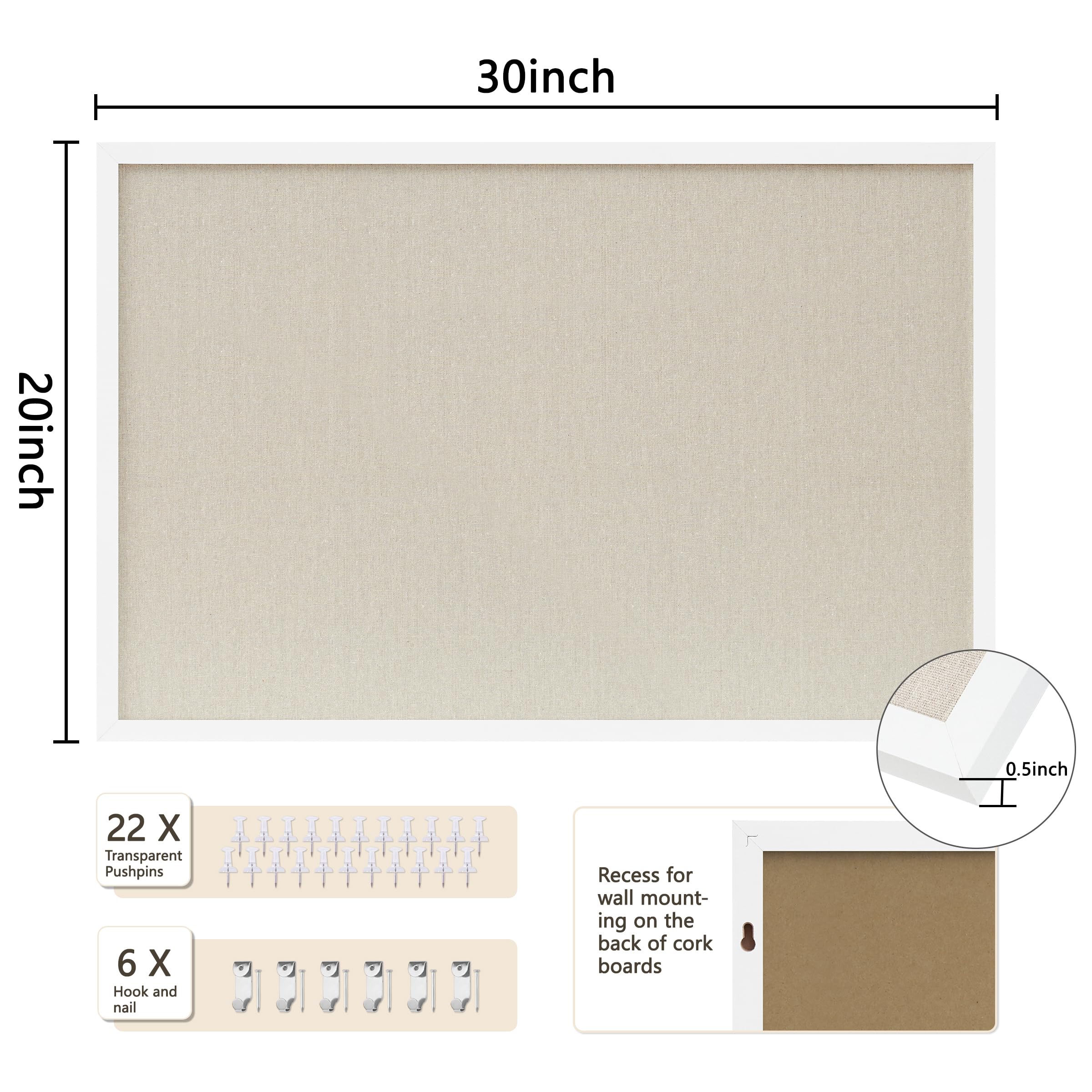 DAHAPYBOO Tablero de corcho con lino blanco, paquete de 2, tablón de anuncios de 30 x 20 pulgadas | Tableros de corcho colgantes para oficina, hogar, escuela, tablero de mensajes o decoración de tablero de visión