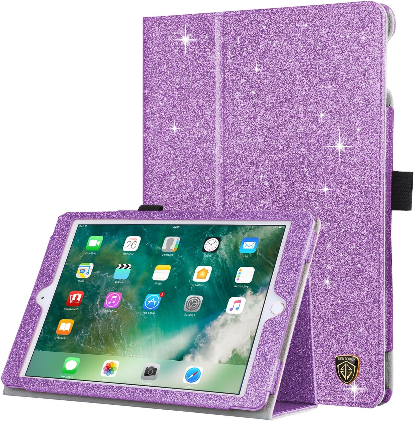 iPad 6th/ 5th Generation Case, BENTOBEN 9.7 inch Case for iPad 2018/2017 & iPad Air/Air 2 Glitter Folio Folding Stand Flip Slim Protective Auto Week/Up Smart Cover with Apple Pencil Holder, Purple