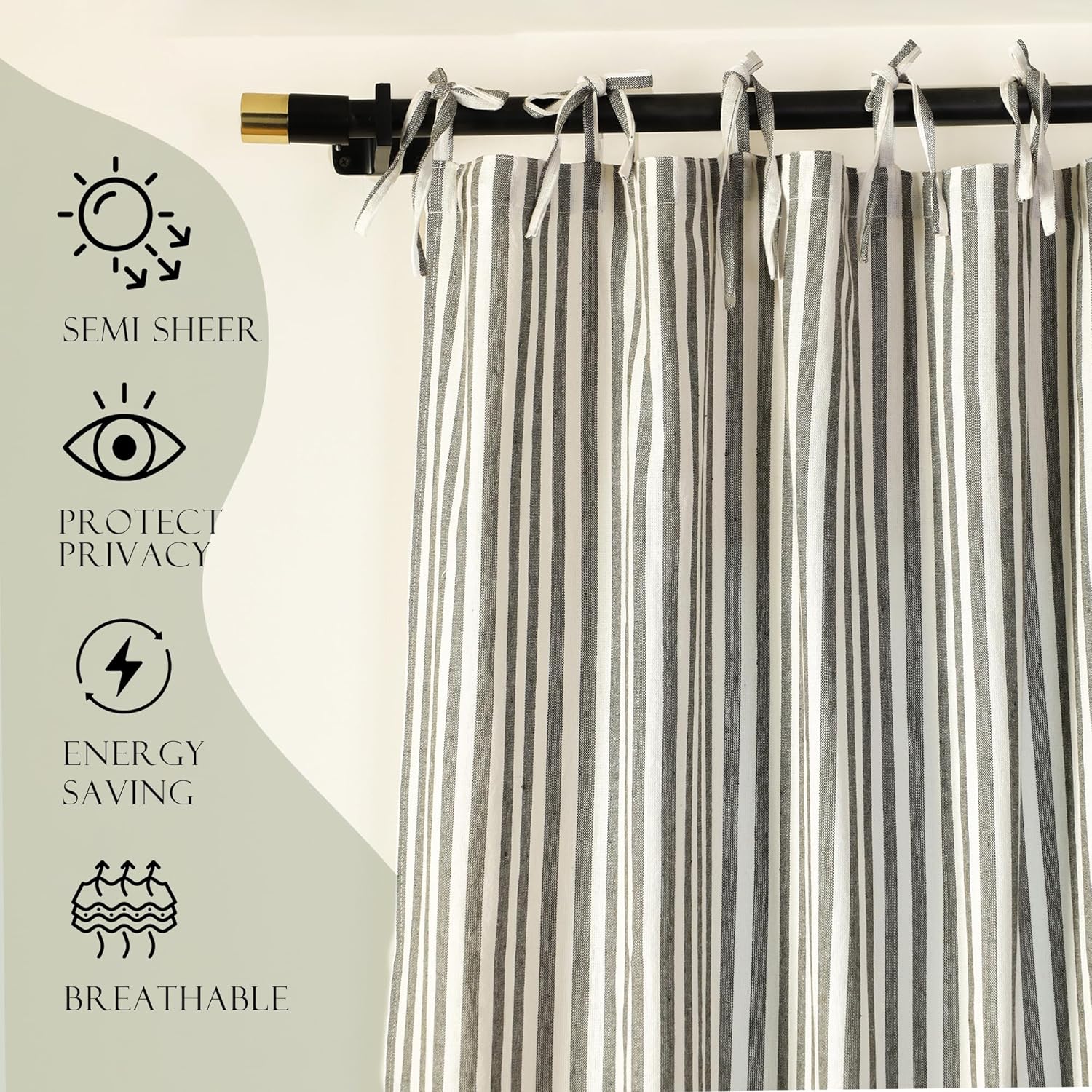 THE ART BOX Gauze Striped Curtains,Boho Linen Tie Top Hanging Curtains Light Filtering Door Window Treatment 2 Panel Curtain Drapes for Living Room Bedroom Green on White (96''x42'' Each Panel)
