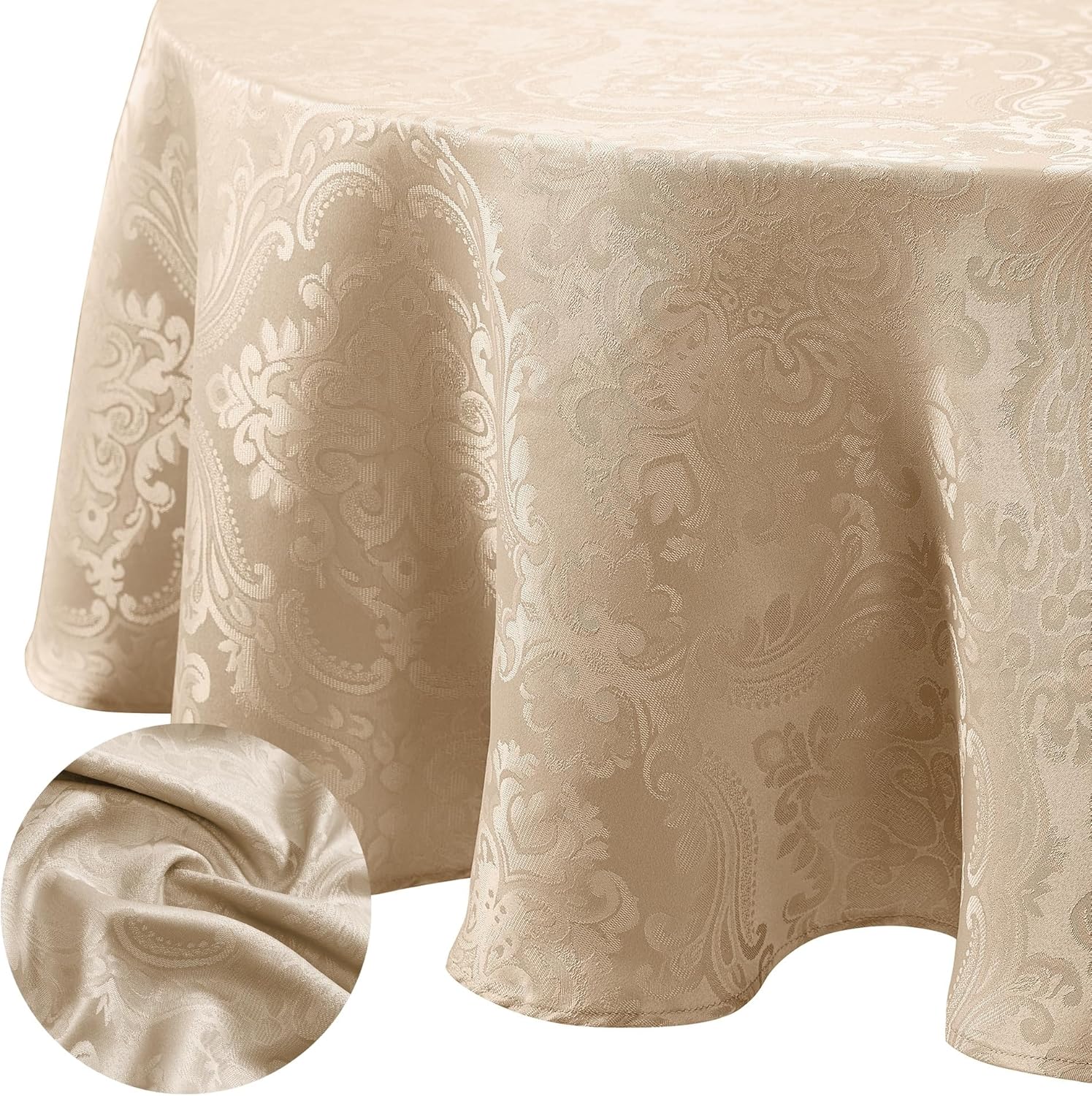 elrene home fashions caiden elegance damask waterproof, stain & wrinkle resistant fabric tablecloth, 90" round, taupe 90" (round) tablecloth (1)