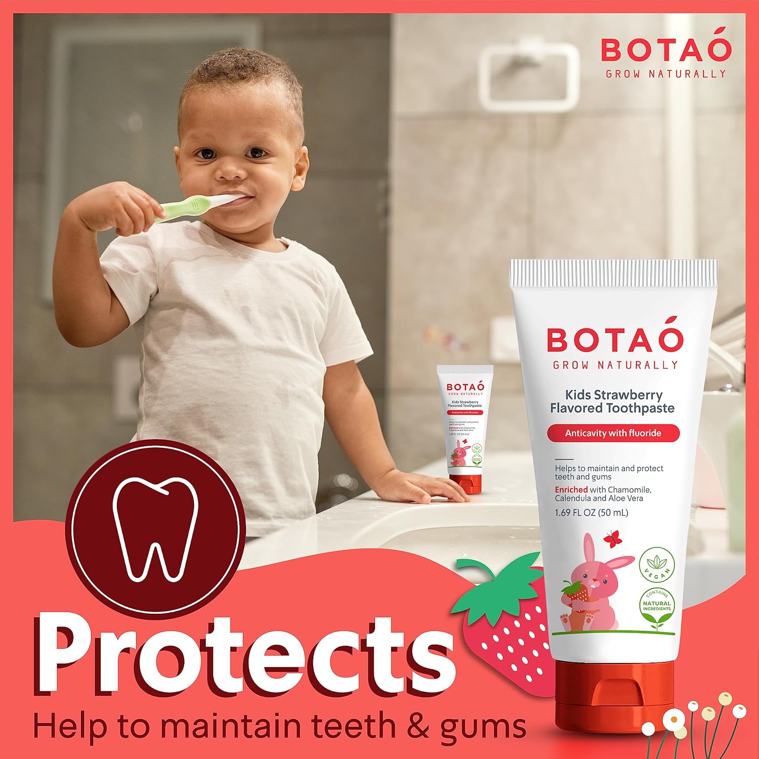 BOTAO Kids Toothpaste | Natural Strawberry Flavored Anticavity Fluoride Toothpaste Maximum Cavity Protection| EWG Verified, Vegan, SLS Free, Safe to Swallow, Aloe Vera (3Pack)