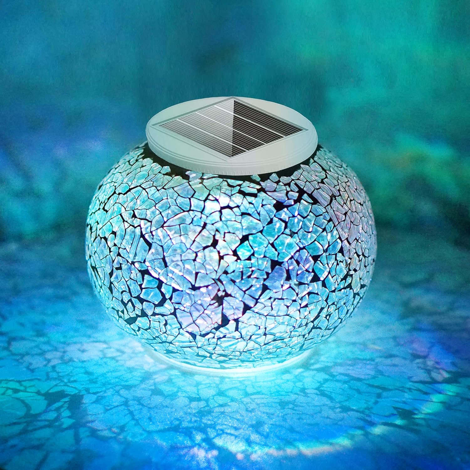 SunKite Solar Table Lights Outdoor Indoor Color Changing Crackle Crystal Glass Night Lights,Waterproof Solar Powered Mosaic Glass Lamp for Garden Yard Patio Christmas Decorations (Light Color)
