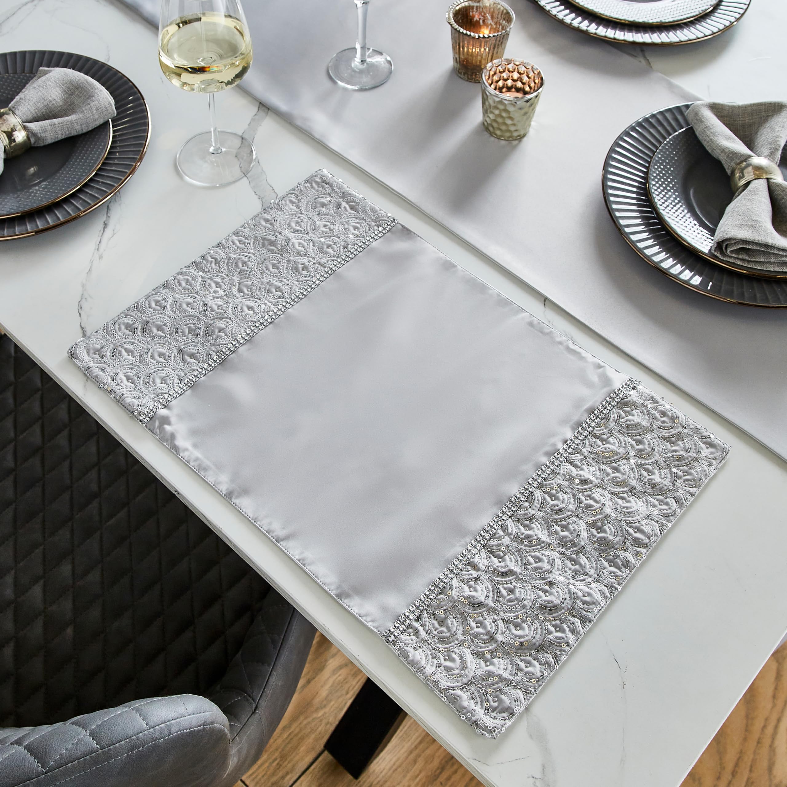 Art Deco Sequined Placemats by Catherine Lansfield Black Silver Grey