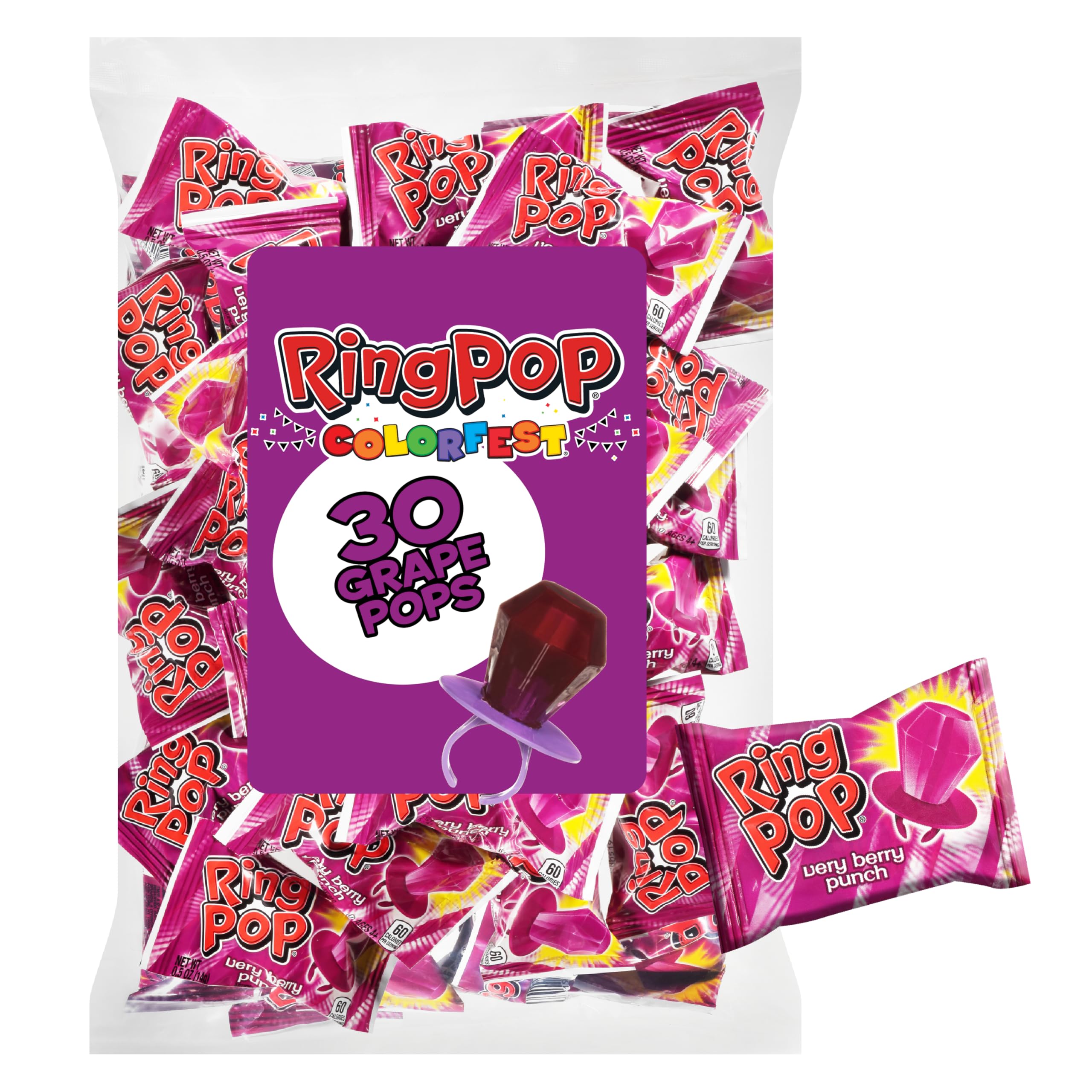 Ring Pop Purple Easter Candy Lollipops, 30Ct Bulk Individually Wrapped in Very Berry Punch Flavor, Full Size, Fun Hard Candy For Birthday Parties, Easter Basket Stuffers, Egg Fillers, Party Favors