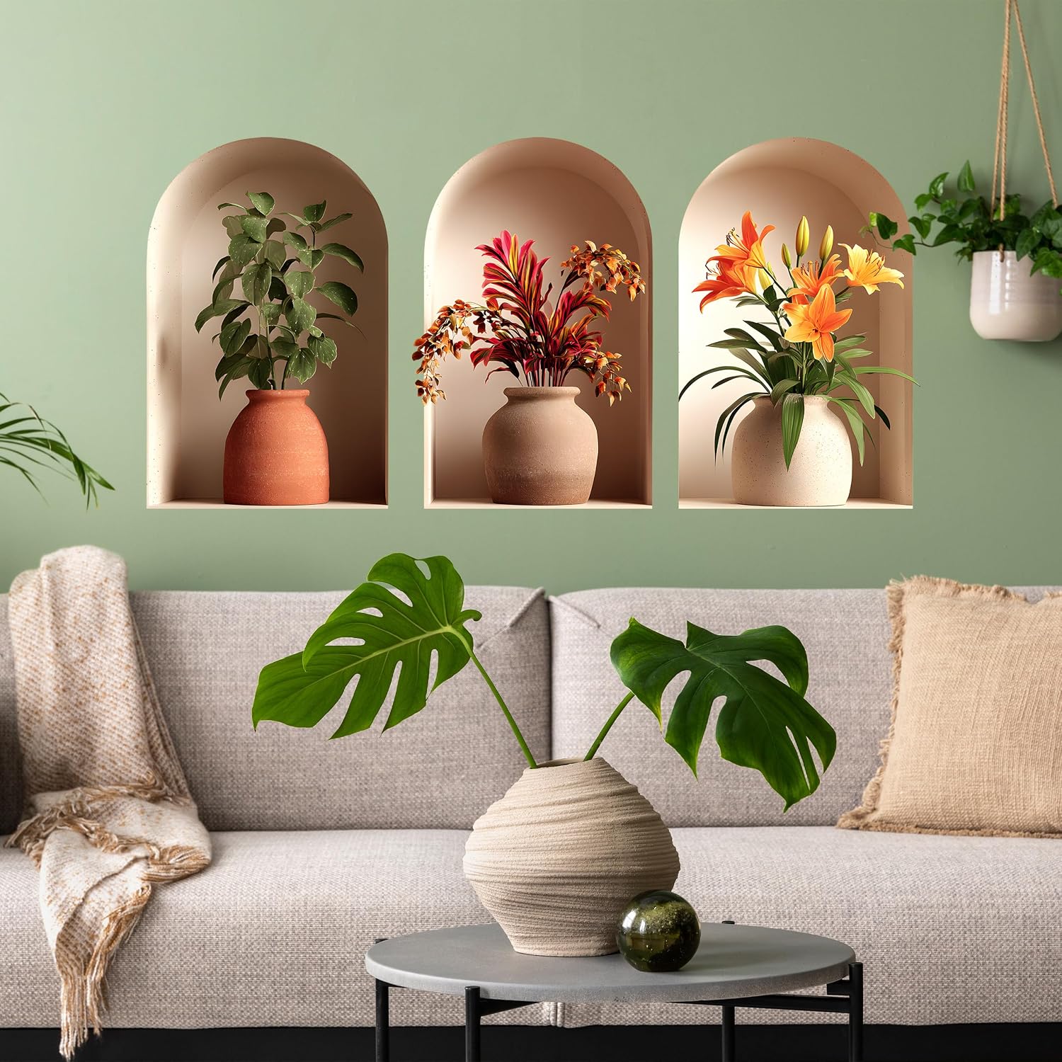 3D Potted Plants Wall Decal, Peel and Stick Green Plants Leaves Sticker Mural, 3D Plants Art Wall Stickers for Living Room Bedroom, Sofa Background & Office Decor (Potted Plants Wall Decor_7)