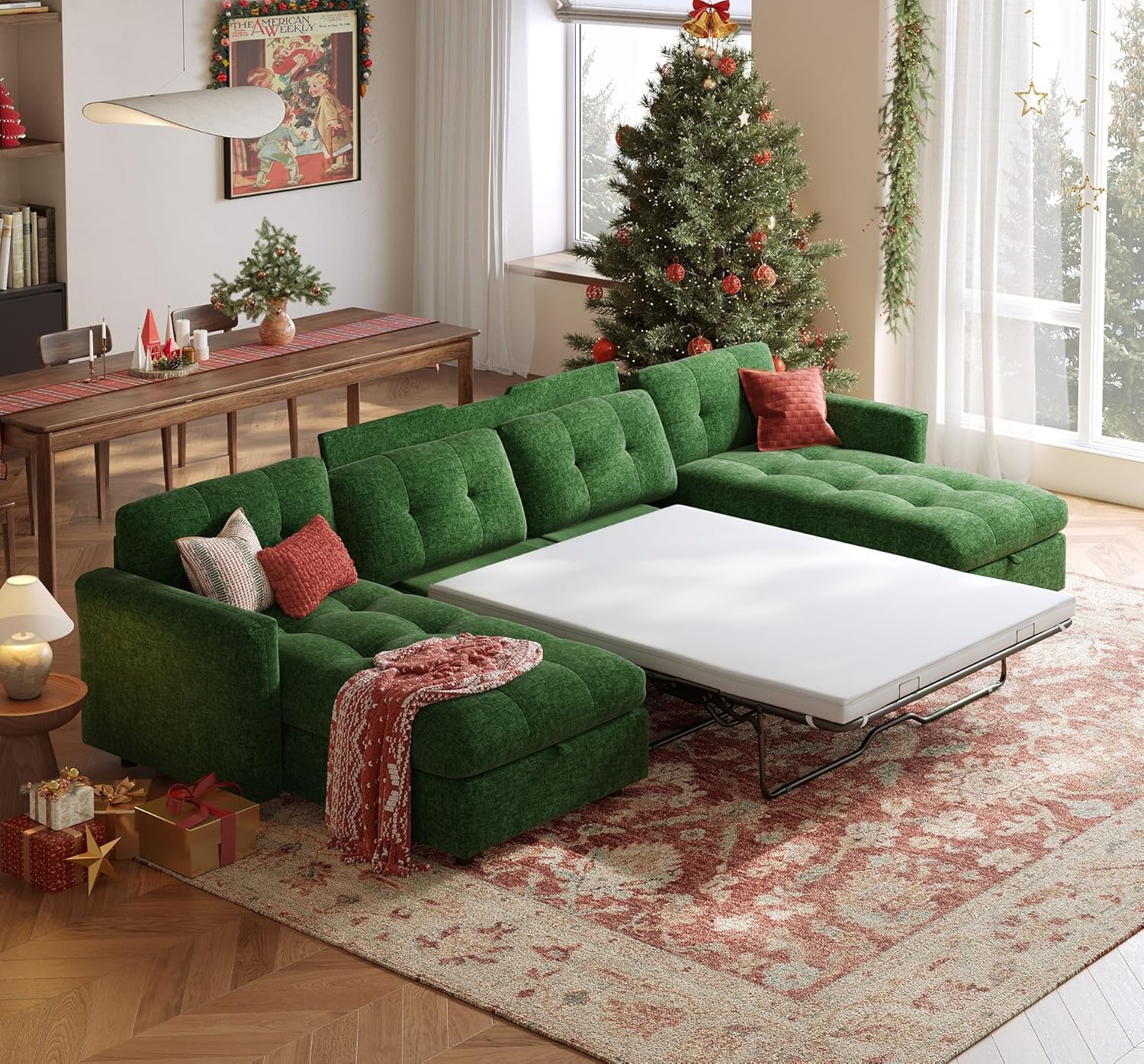 Linsy 152" Oversized U-Shaped Sectional Sleeper Sofa Bed with Pull-Out, Storage Chaise & Memory Foam Topper, Green
