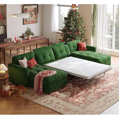 152" Oversized Sectional Sleeper Sofa with Pull Out Bed and Storage Chaise, Convertible Sofa Bed with Memory Foam Topper, Comfy U Shaped Modular Couches for Living Room Apartment Dorm Room, Green