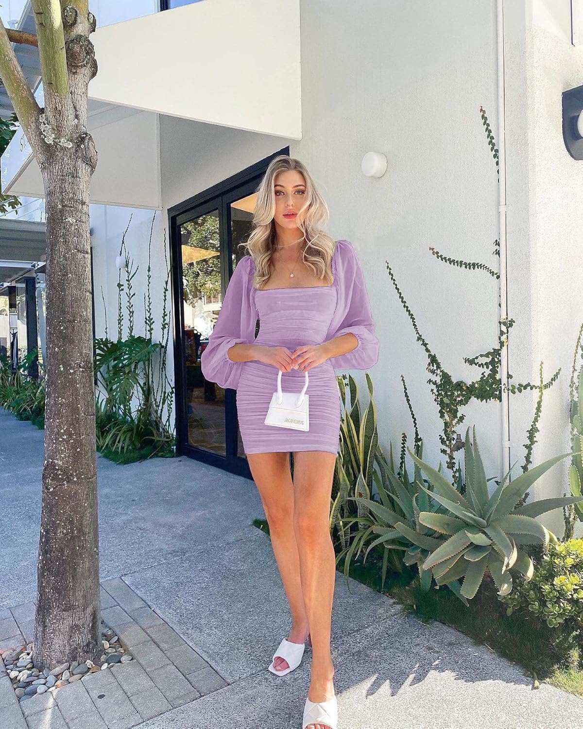 Wenrine Women's Mesh Long Sleeve Square Neck Ruched Party Club Cocktail Bodycon Mini Dress - Image 5