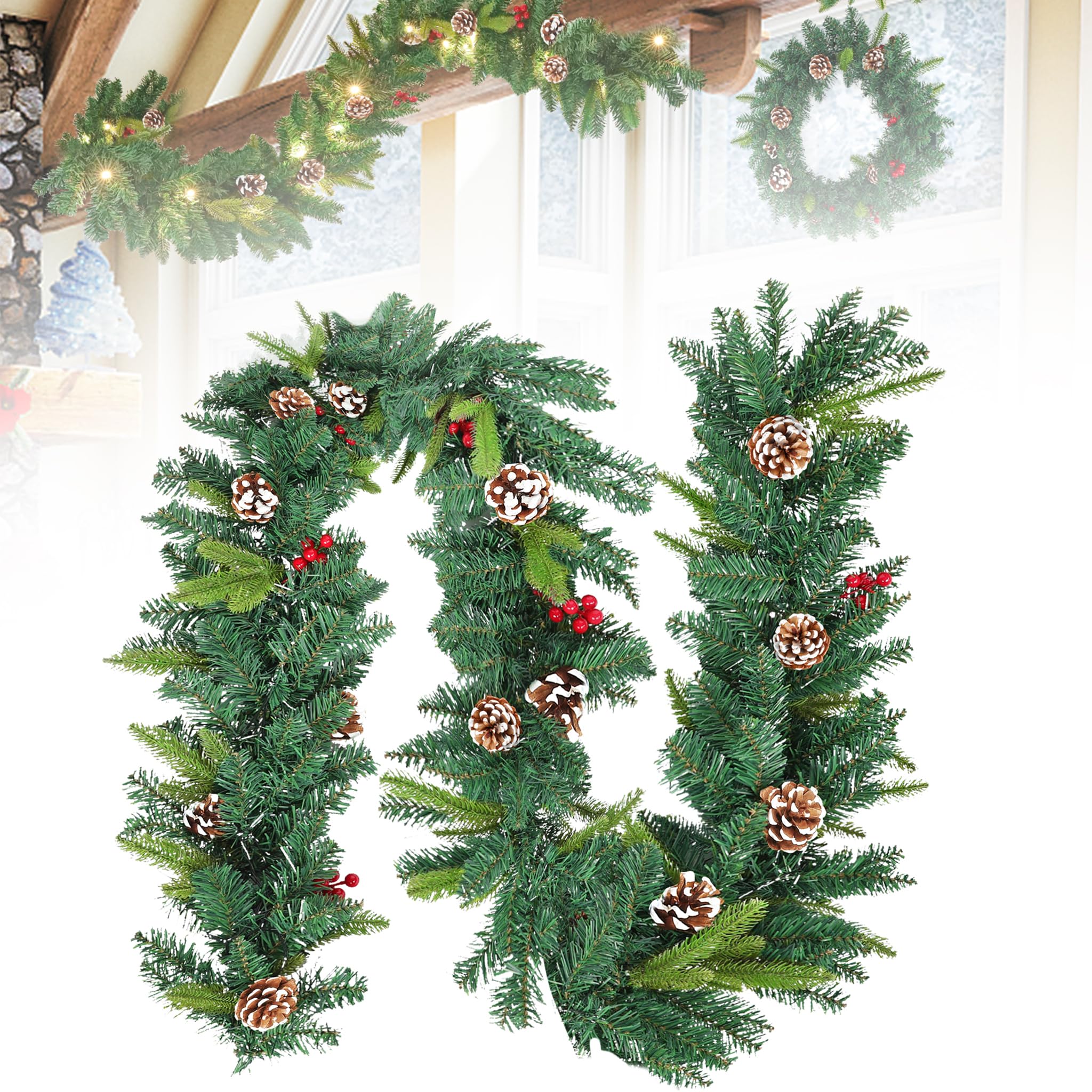 Weihnachts-Girlande 8 m künstlich mit 125 LEDs, Tannengirlande mit roten Beeren & Tannenzapfen, 8 Lichtmodi warmweiß, Deko für Haus, Treppen