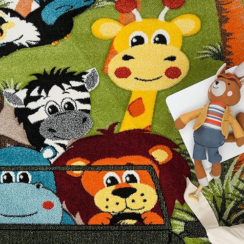 Miniatura 7 de Paco Home Alfombra infantil Animales Coloridos Jirafa León Mono en Beige, Tamaño 4'7" x 6'7"