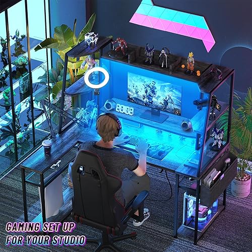 Miniatura 3 de armocity Escritorio grande en forma de L de 63 pulgadas con luces LED y regletas de alimentación, escritorio reversible para juegos con gabinete,