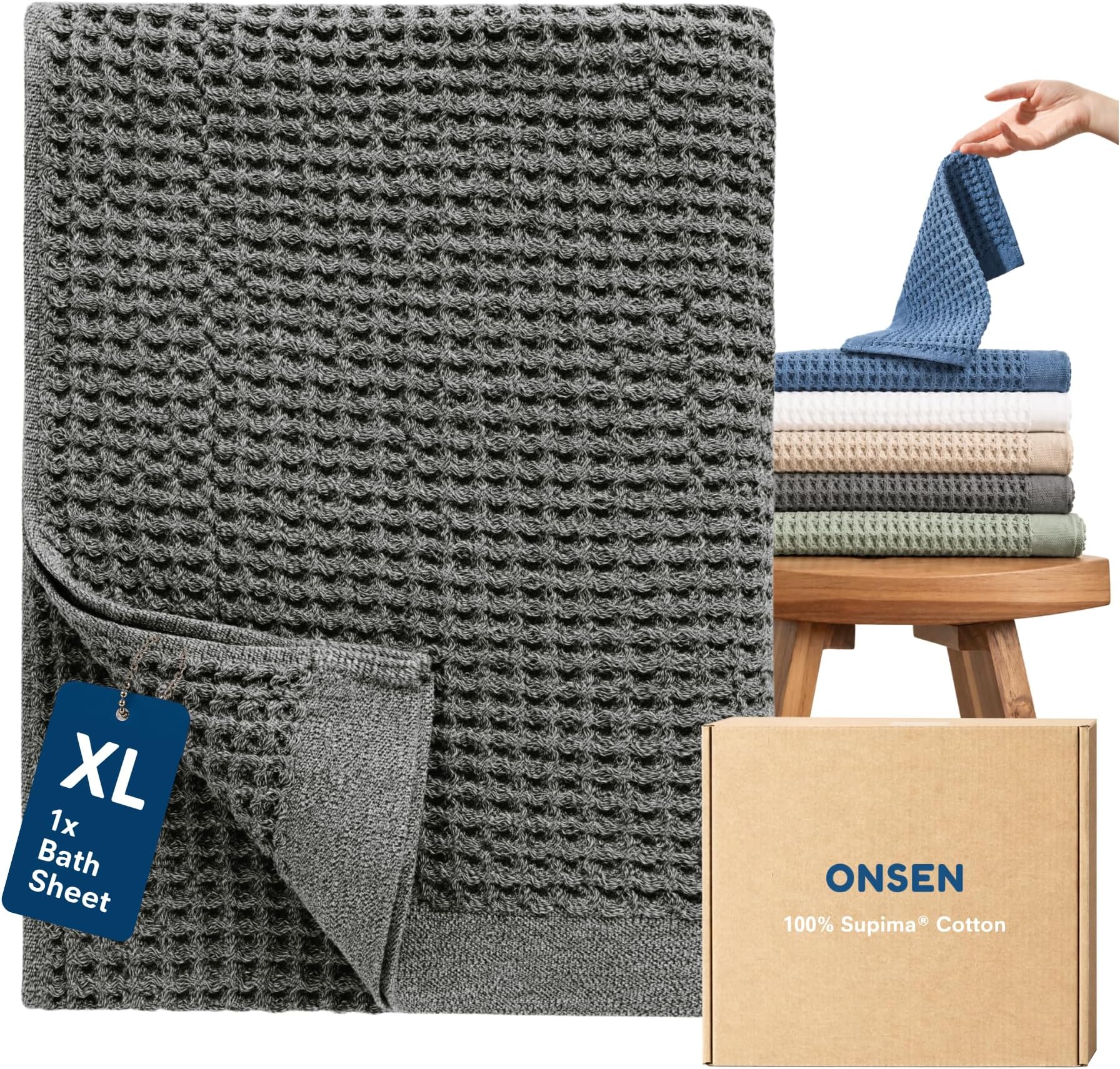 ONSEN Supima® Waffle Bath Sheet, Large, Quick Dry Lint Free 100% USA Cotton, Oversize Lightweight Absorbent Bath Sheet, 38x67 in (Cinder Grey, 1x Bath Sheet)