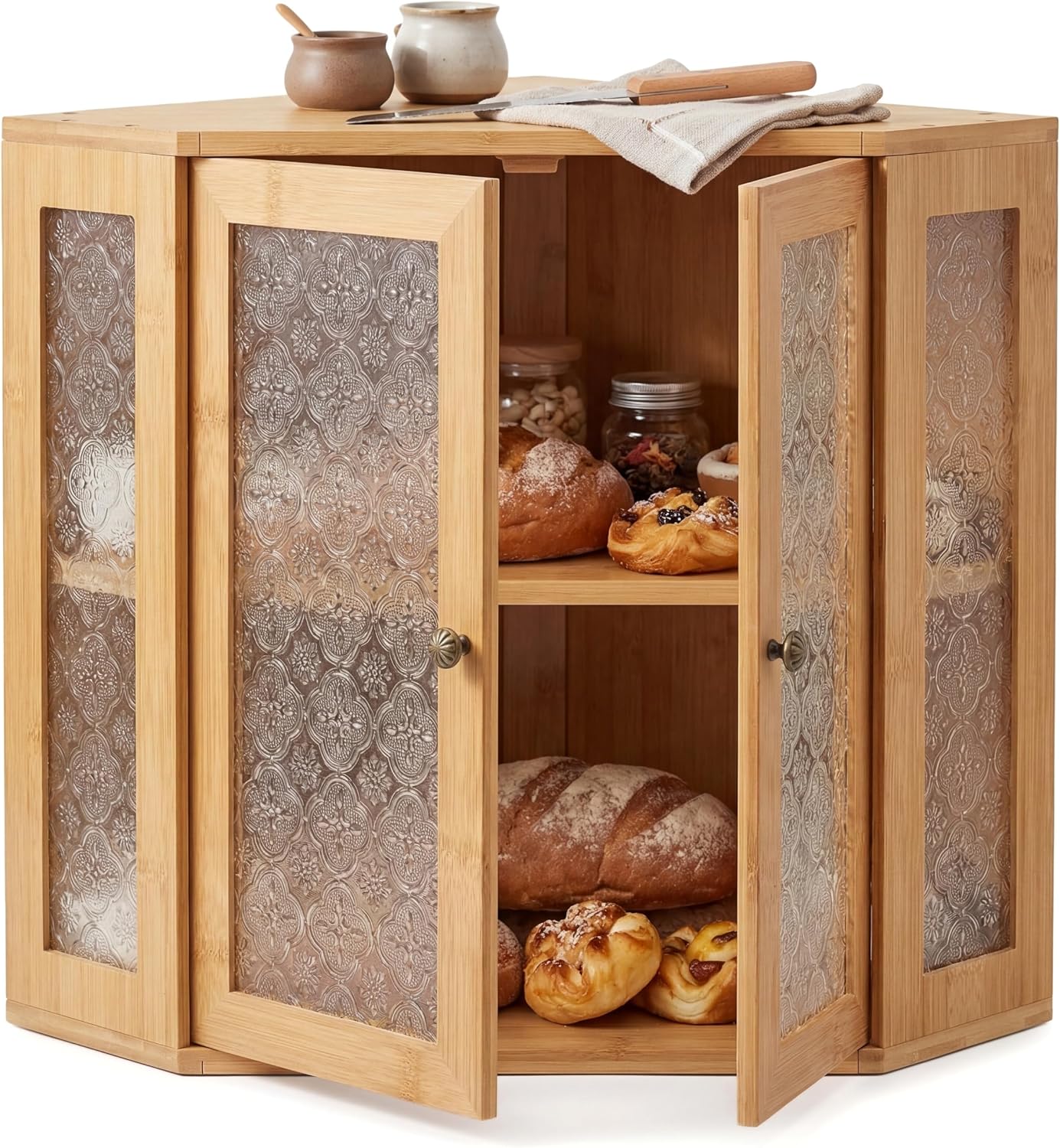 Bamboo Corner Bread Box with Patterned Glass Doors, 2-Tier Countertop Food Storage Cabinet for Kitchen, Vintage Bread Box for Bread, Pastries, Snacks, Natural Bamboo