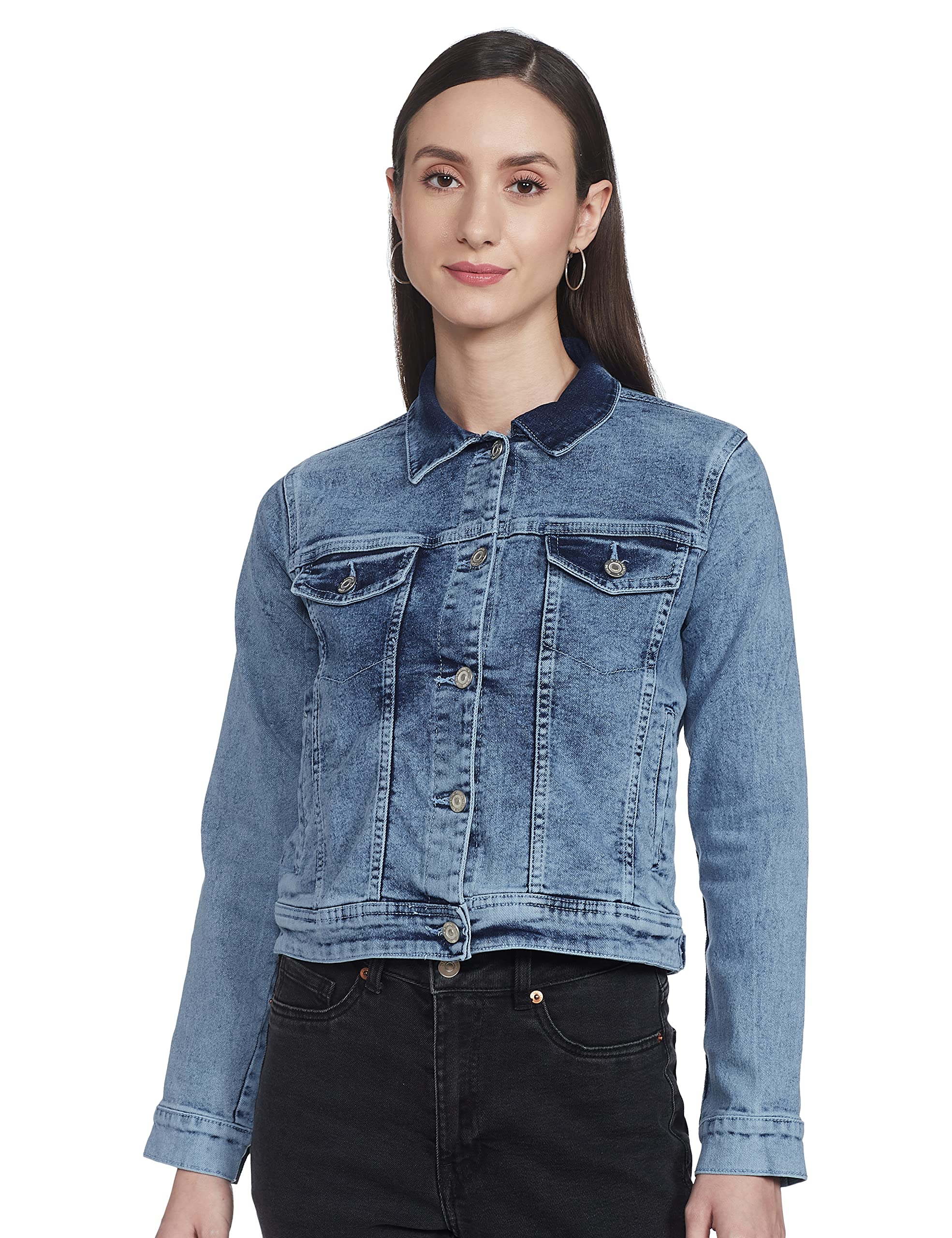 max Women's Textured Standard Length Denim Jacket With Flap Pockets-picture-35