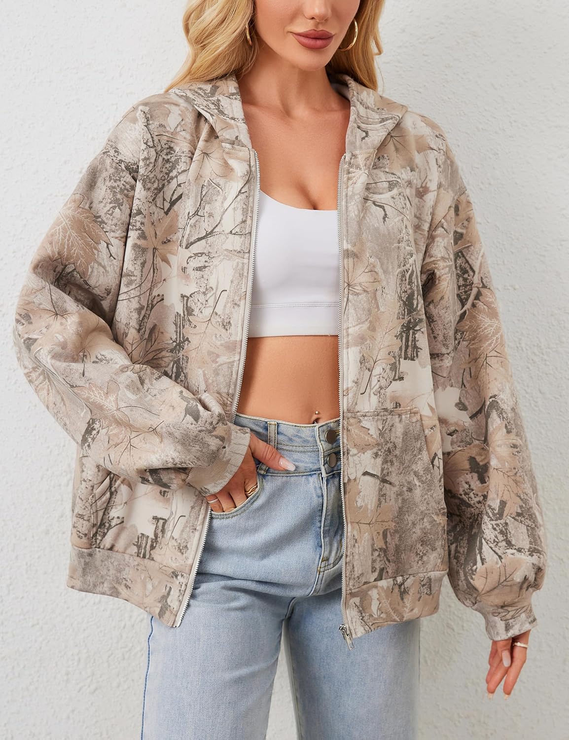 Women Camo Hoodie Oversized Fleece Full Zip Up Sweatshirt Casual Long Sleeve Jackets Trendy Fall Clothes With Pockets - Image 3