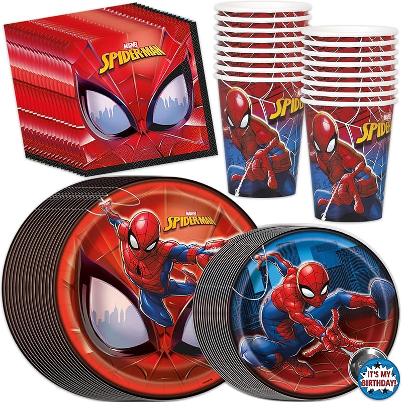 Suministros para fiestas de decoración de cumpleaños de Spiderman - Juego completo de vajilla | Decoraciones de fiesta de Spider Man con licencia oficial, platos y servilletas para cena y postre, vasos para 16, fabricados en Estados Unidos