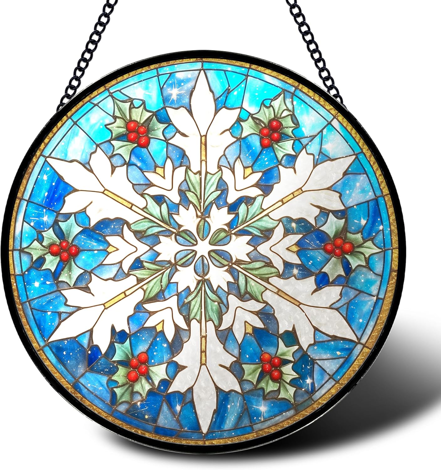 Stained Glass Window Hanging, White Snowflake with Holly Design Round Sun Catchers Glass Panel Suncatcher Decor for Home, 7.8Inch. (012)