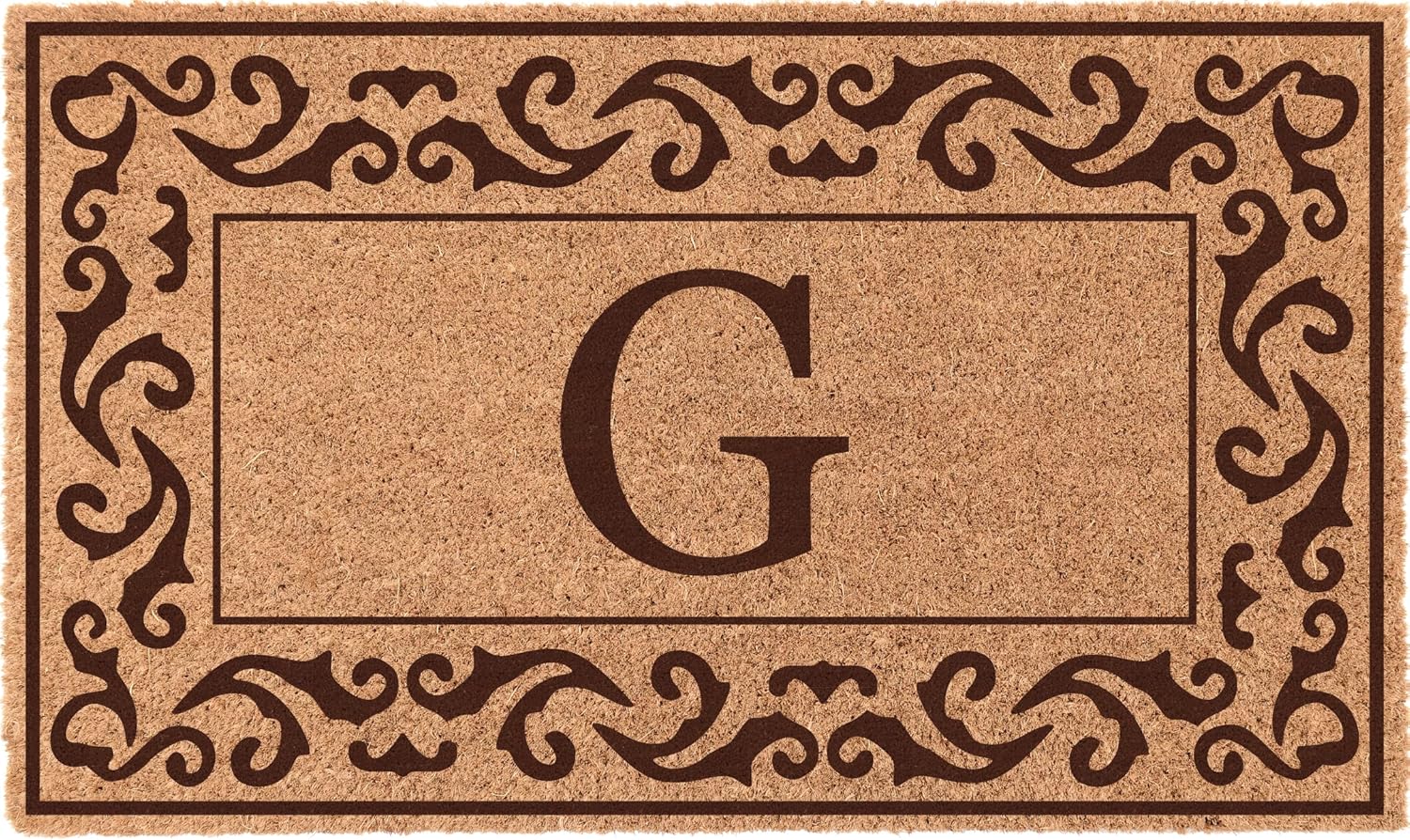 COCO MATS 'N MORE Personalized Coco Coir Front Door Mat – Monogrammed Welcome Porch Mat for Home Entrance, Heavy-Duty Vinyl Backing Non Slip Mat (18" x 30" | Brown | Rolling Scrolls | Made in USA)