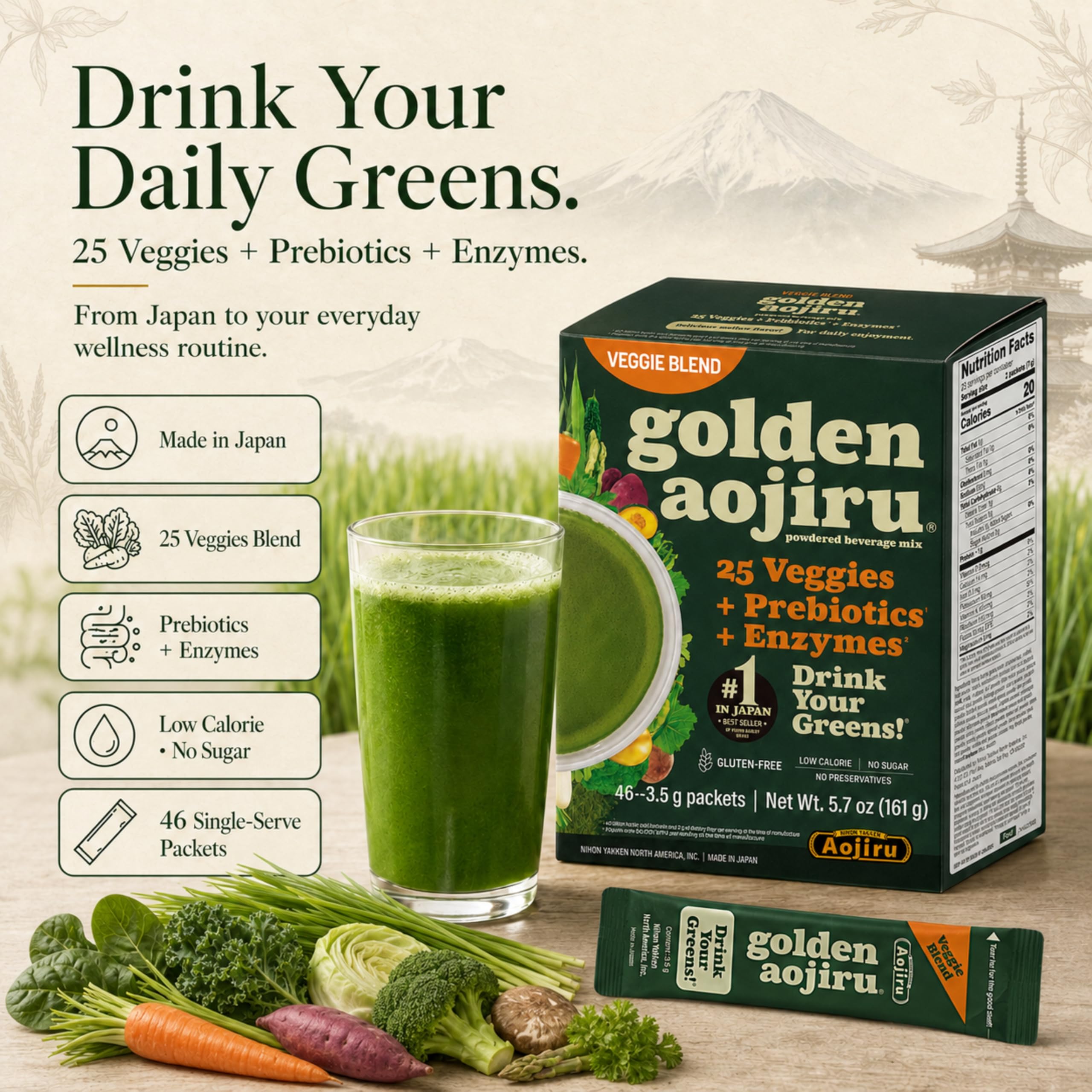 Golden Aojiru Veggie Blend - Greens Powder with 25 Superfood Vegetables, Gluten-Free, Low Calorie, No Sugar, 46 Packets - Made in Japan