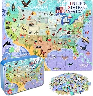 LELEMON USA Map 100 Piece Jigsaw Puzzle for Kids Ages 4-8, Educational Kids Puzzles in Metal Tin Box, Toddler Puzzle Toys for Boys Girls