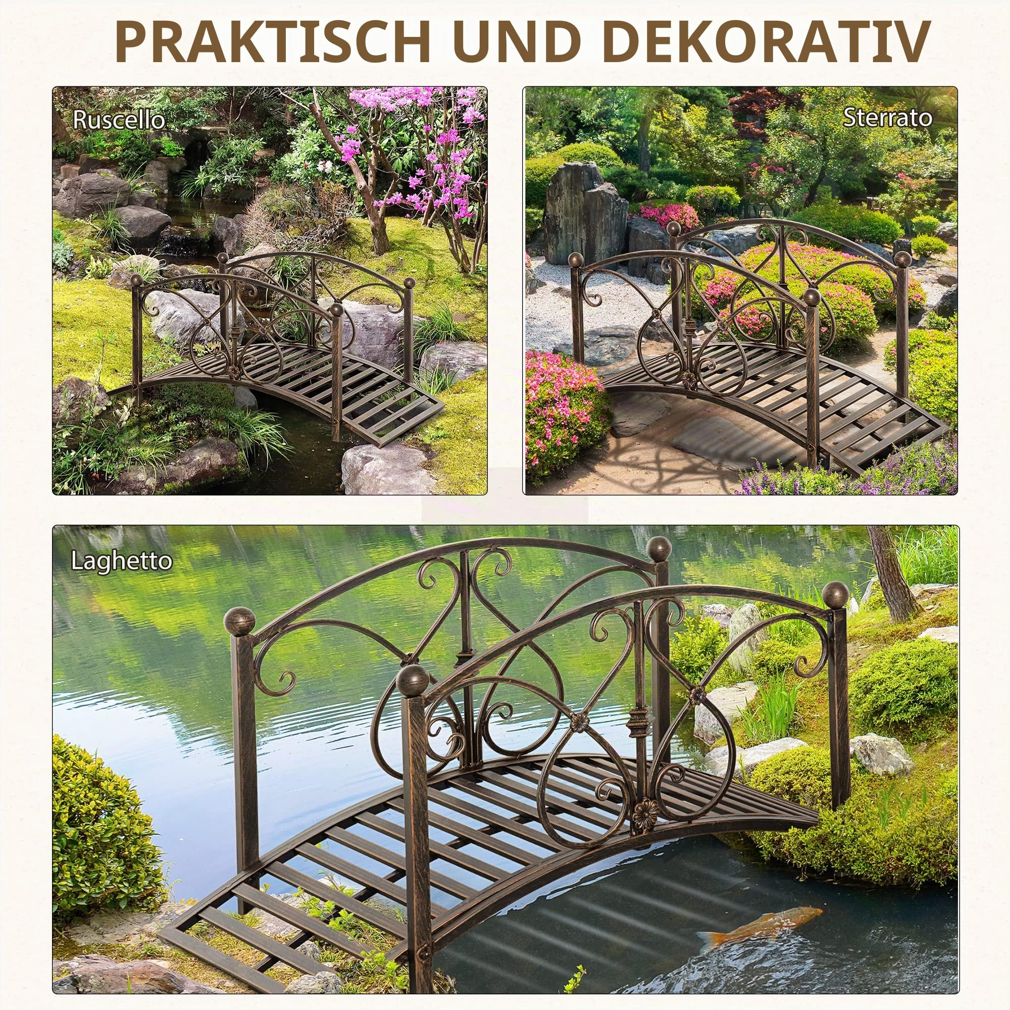 Outsunny Vintage-Gartenbrücke aus Metall, dekorative Brücke mit Blumenelementen, 99 x 68 x 53 cm, Bronze